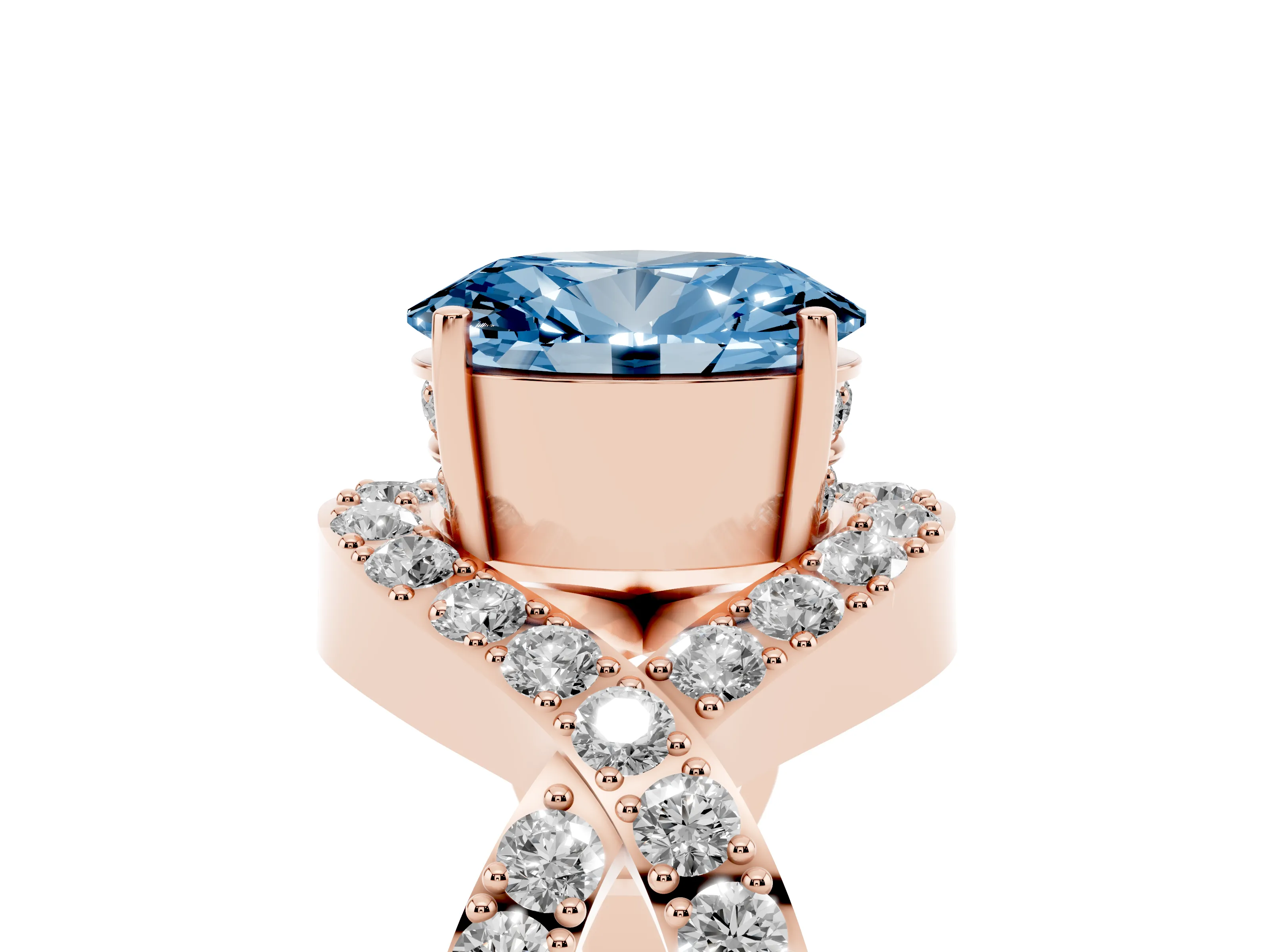 Fancy Blue Oval Cut Diamond Solitaire Twist Band Pavé Engagement Ring Set in Rose gold