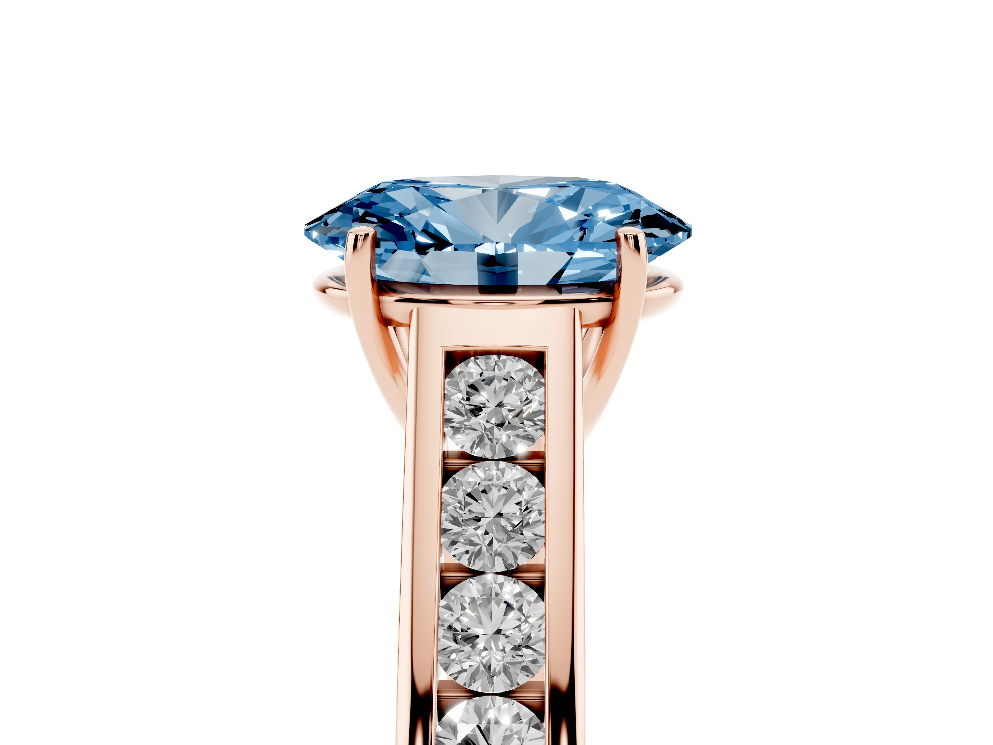 Fancy Blue Oval Cut Diamond Solitaire Channel-Set Engagement Ring Set in Rose gold with Prong Setting