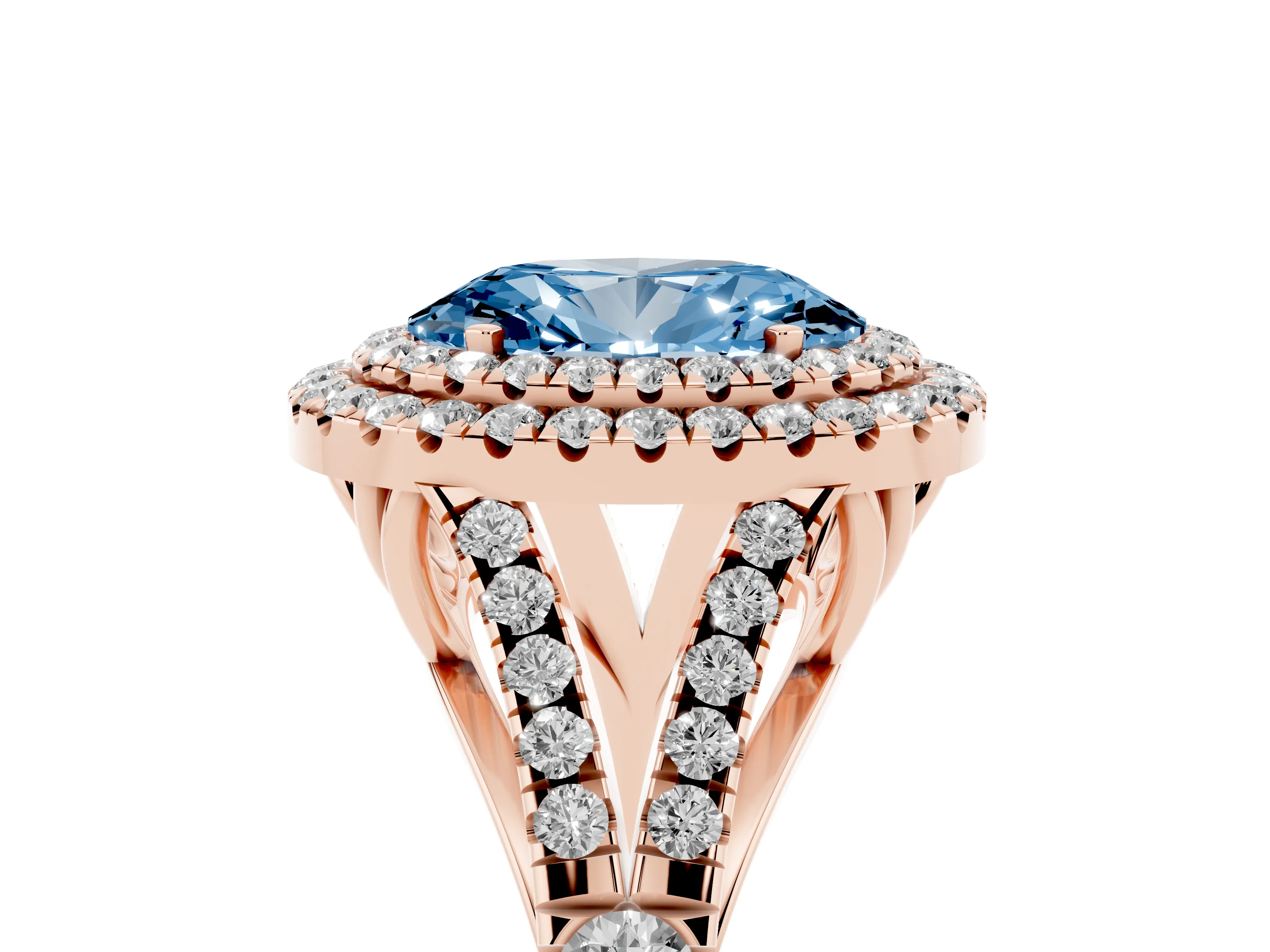 Fancy Blue Oval Cut Diamond Pavé Split Shank Double Halo Engagement Ring Set in Rose gold