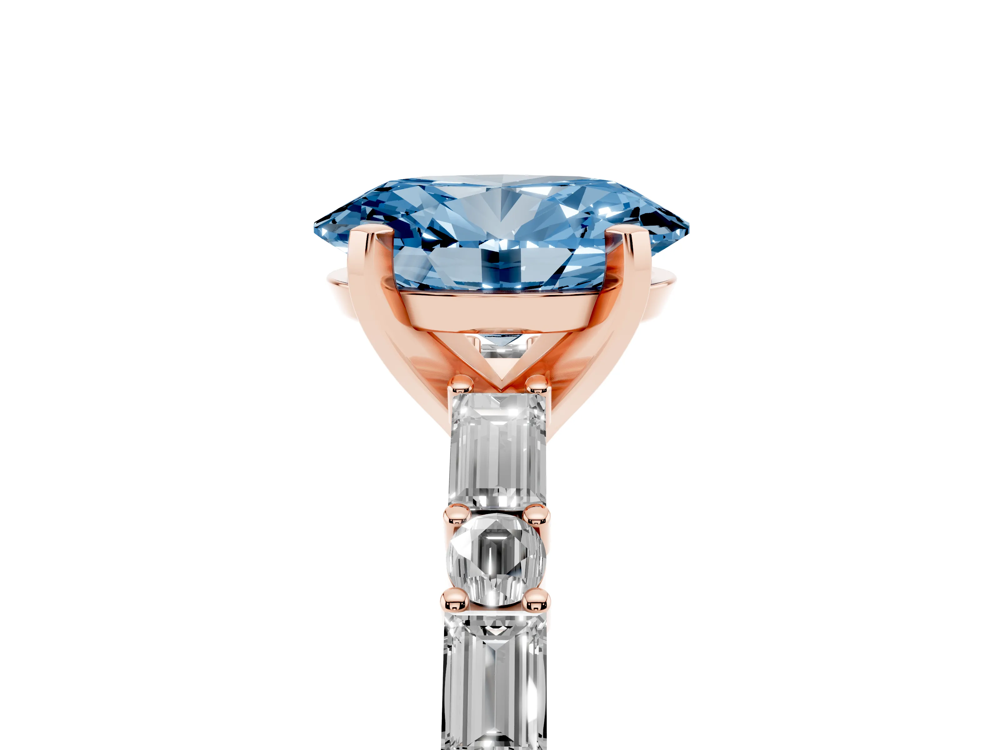 Fancy Blue Oval Cut Diamond Solitaire Set in Rose gold with Side Baguettes and Channel Set Band