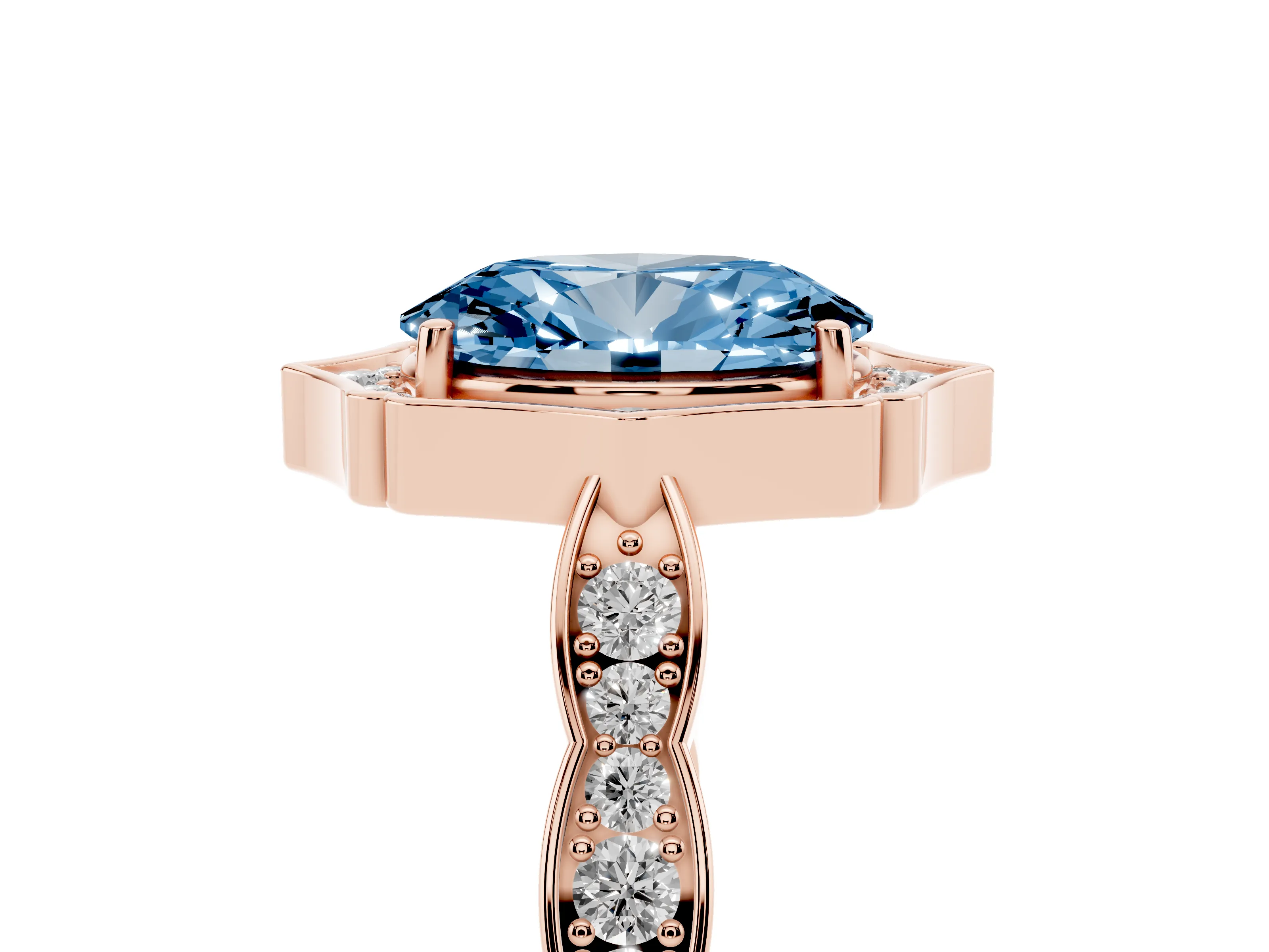 Fancy Blue Oval Cut Diamond Halo Engagement Ring Set in Rose gold with Milgrain Band and Prong Setting