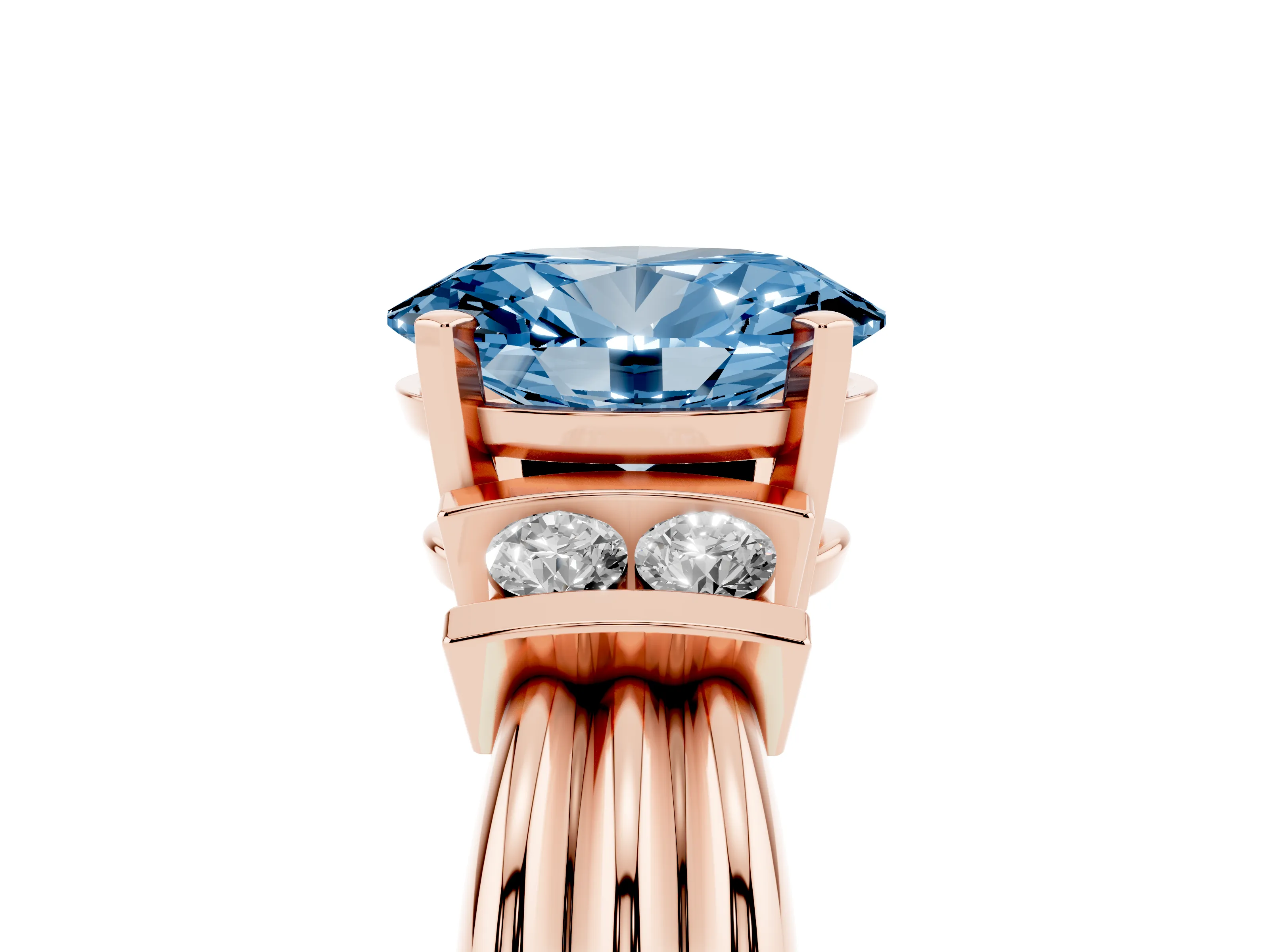 Fancy Blue Three-Stone Oval Cut Diamond Channel Set Ring Set in Rose gold with Bar Prongs