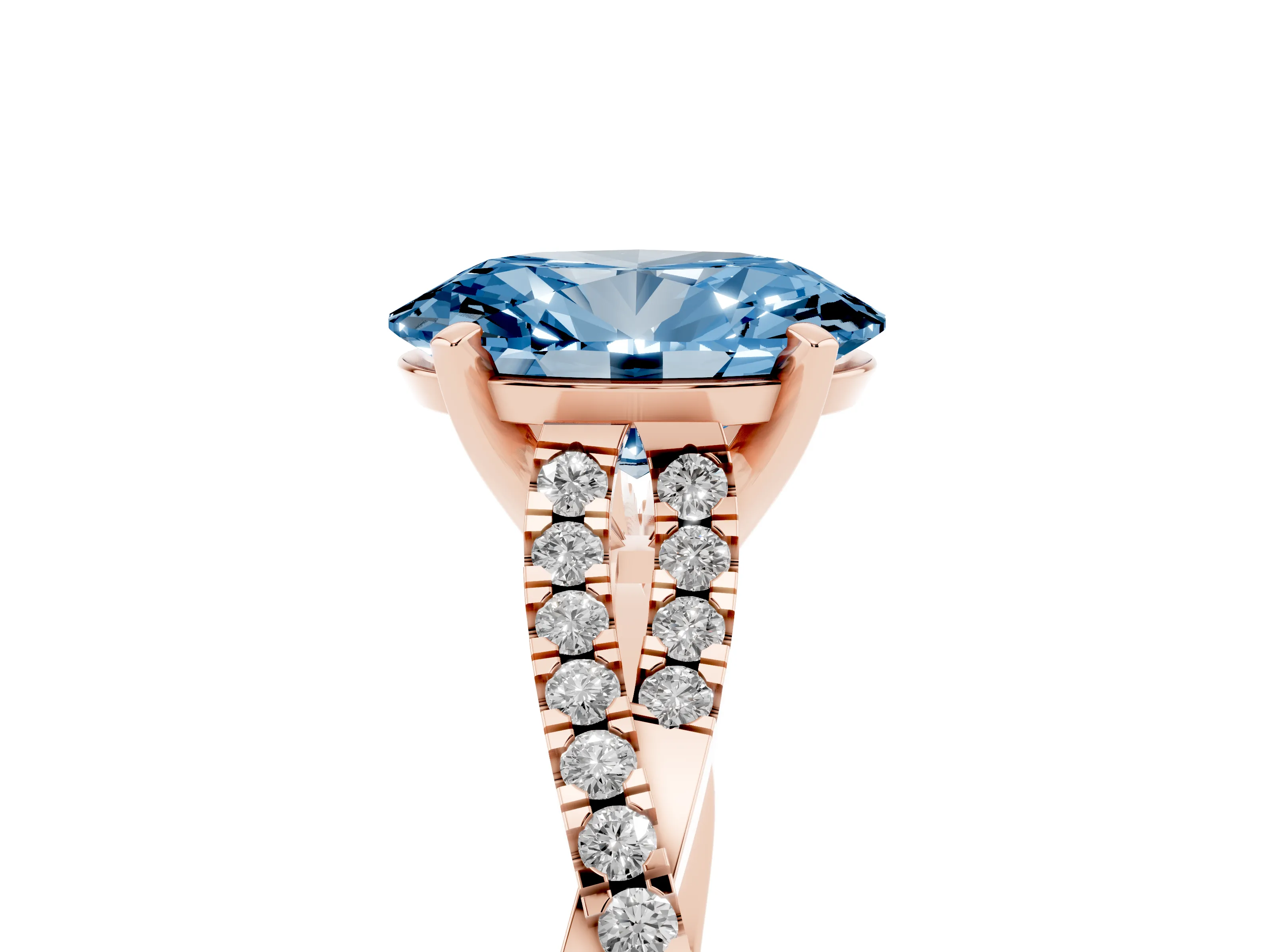 Fancy Blue Oval Cut Diamond Solitaire Engagement Ring Set in Rose gold with Twisted Pavé Band and Prong Setting