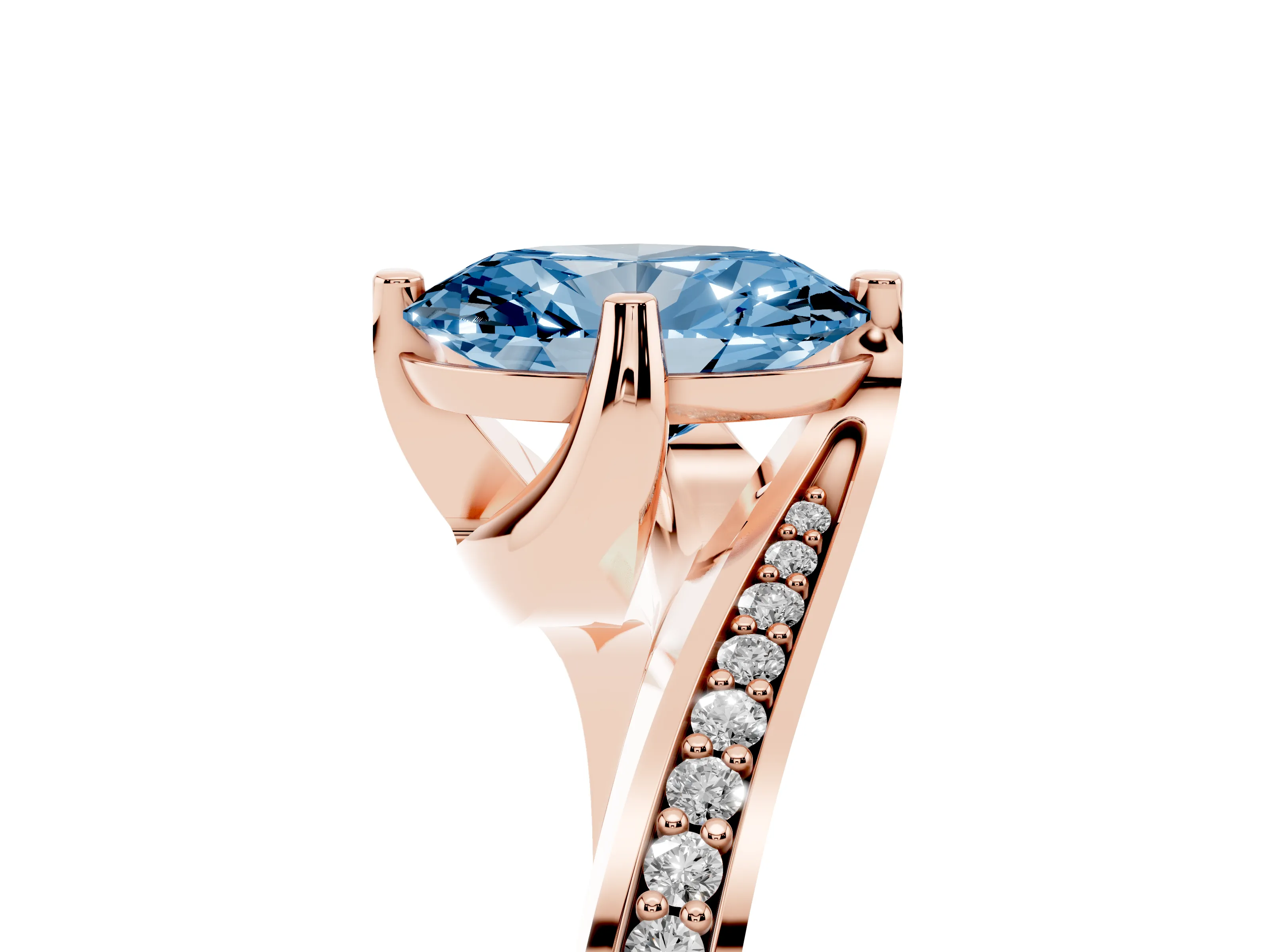 Fancy Blue Oval Cut Diamond Solitaire Ring Set in Rose gold with Intertwined Pavé Twist Band