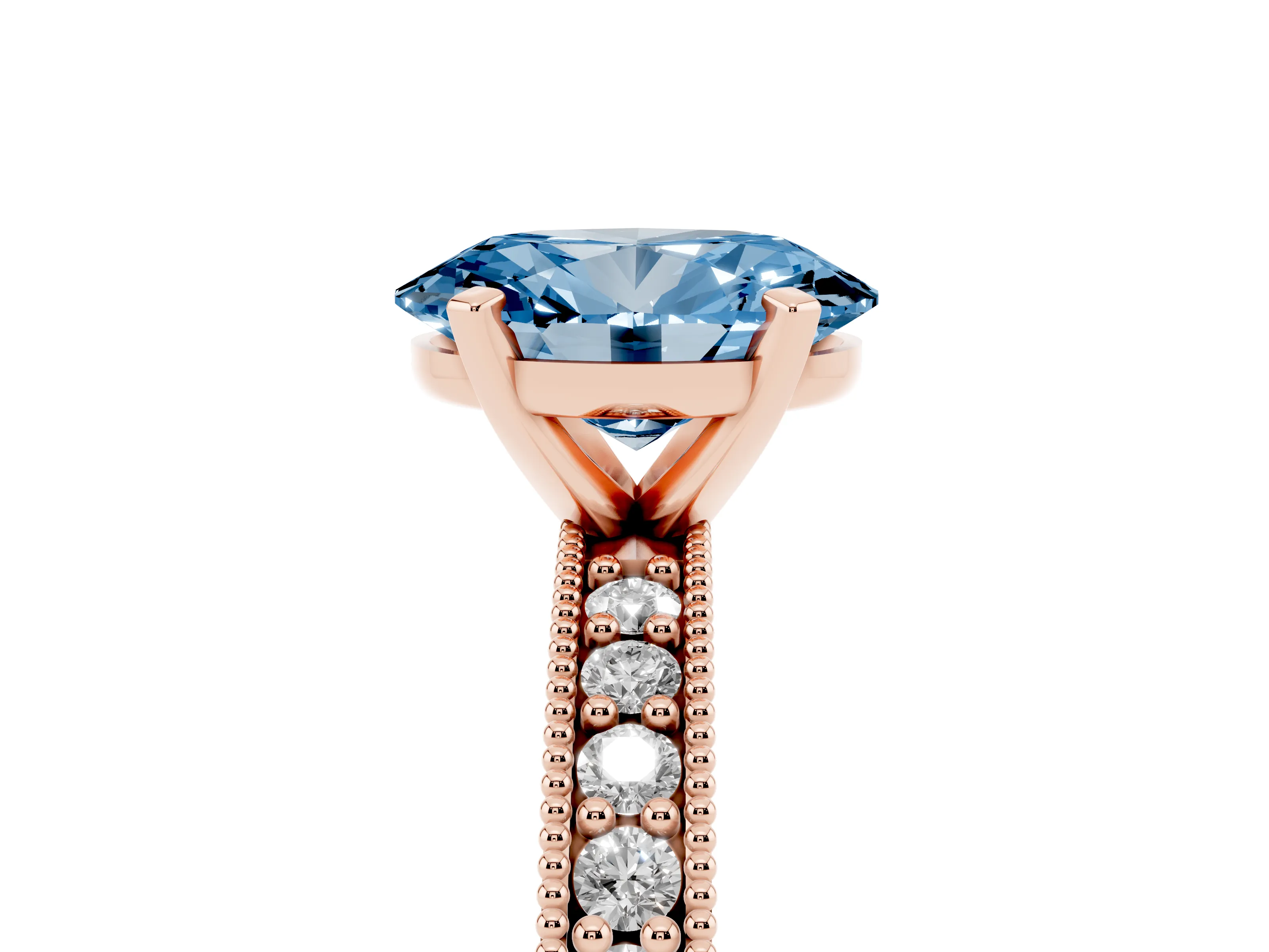 Fancy Blue Oval Cut Diamond Milgrain Pavé Engagement Ring Set in Rose gold with Prong Setting