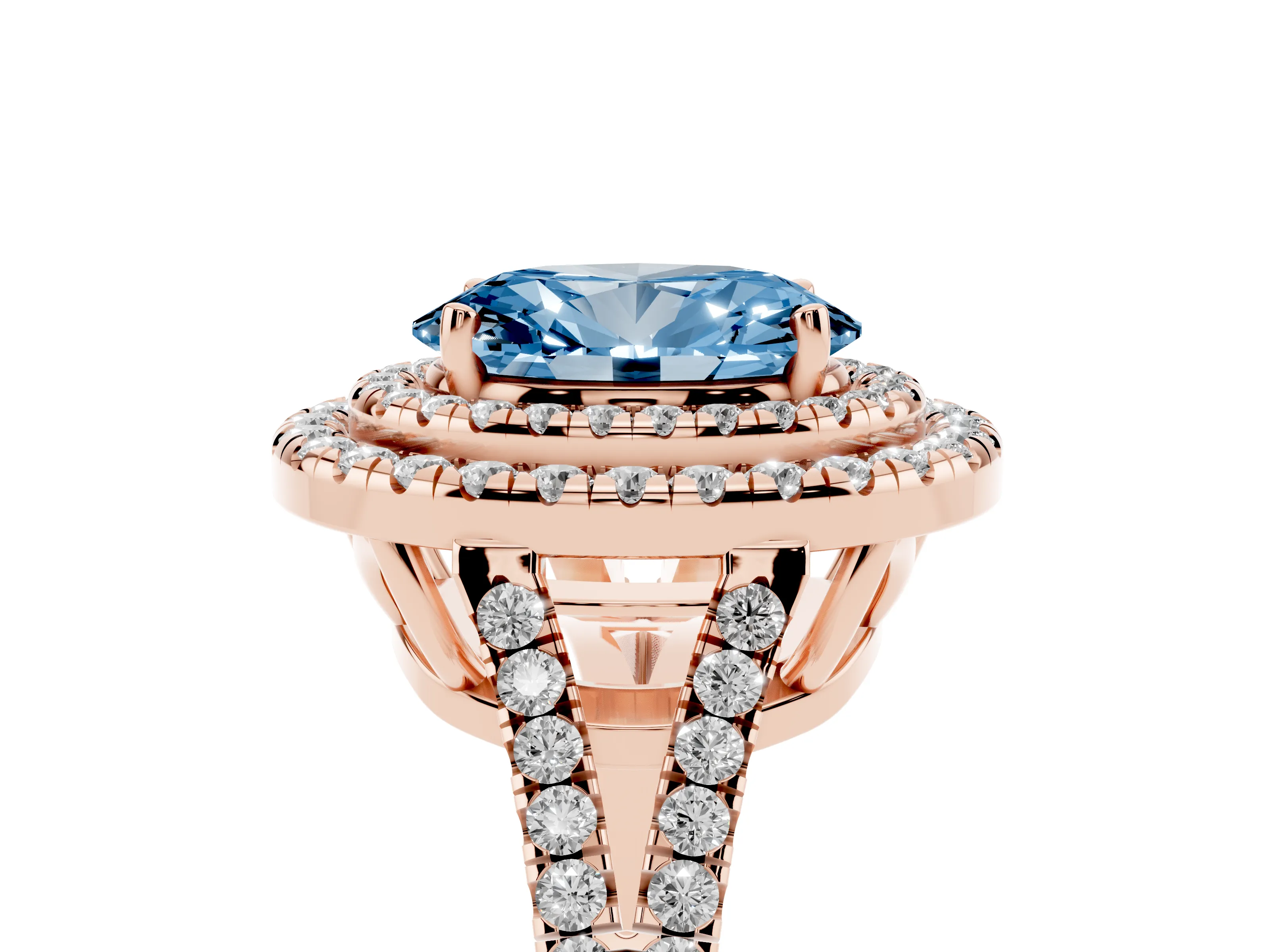 Fancy Blue Oval Cut Diamond Double Halo Ring Set in Rose gold with Pavé Band