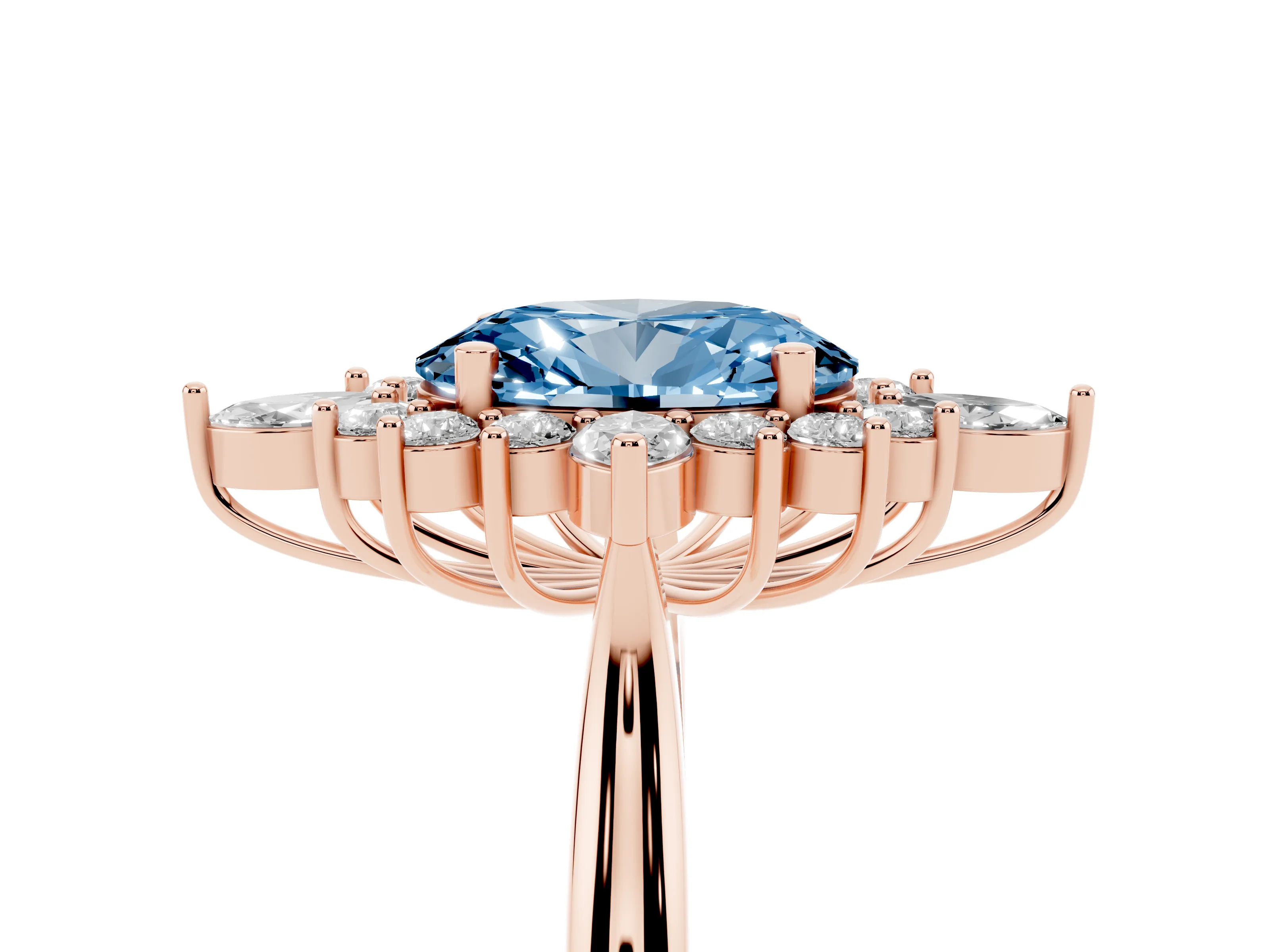 Fancy Blue Oval Cut Diamond Cluster Halo Ring Set in Rose gold with Marquise and Round Accents