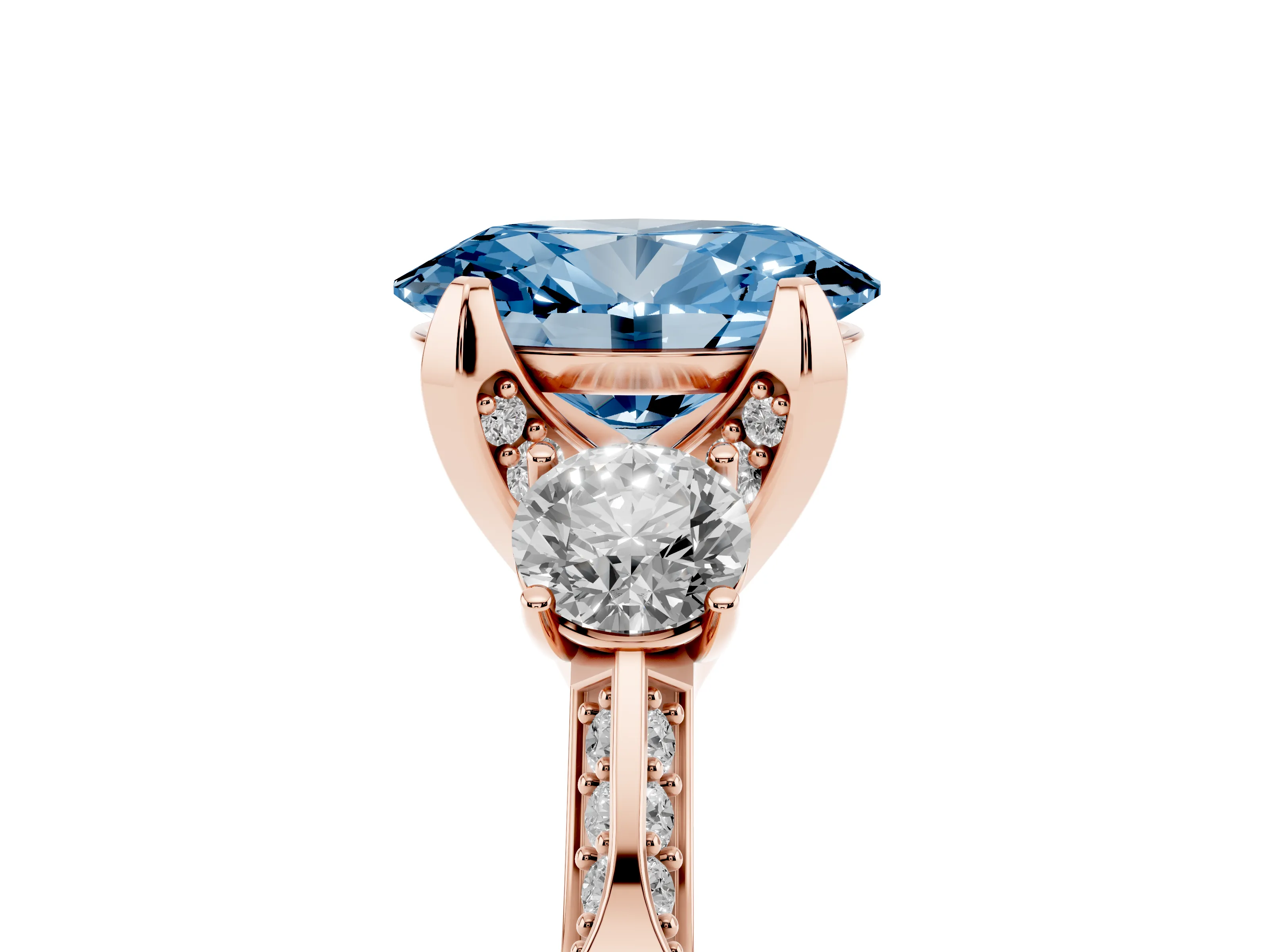 Fancy Blue Oval Cut Diamond Three-Stone Ring Set in Rose gold with Pavé Band and Smaller Side Stones