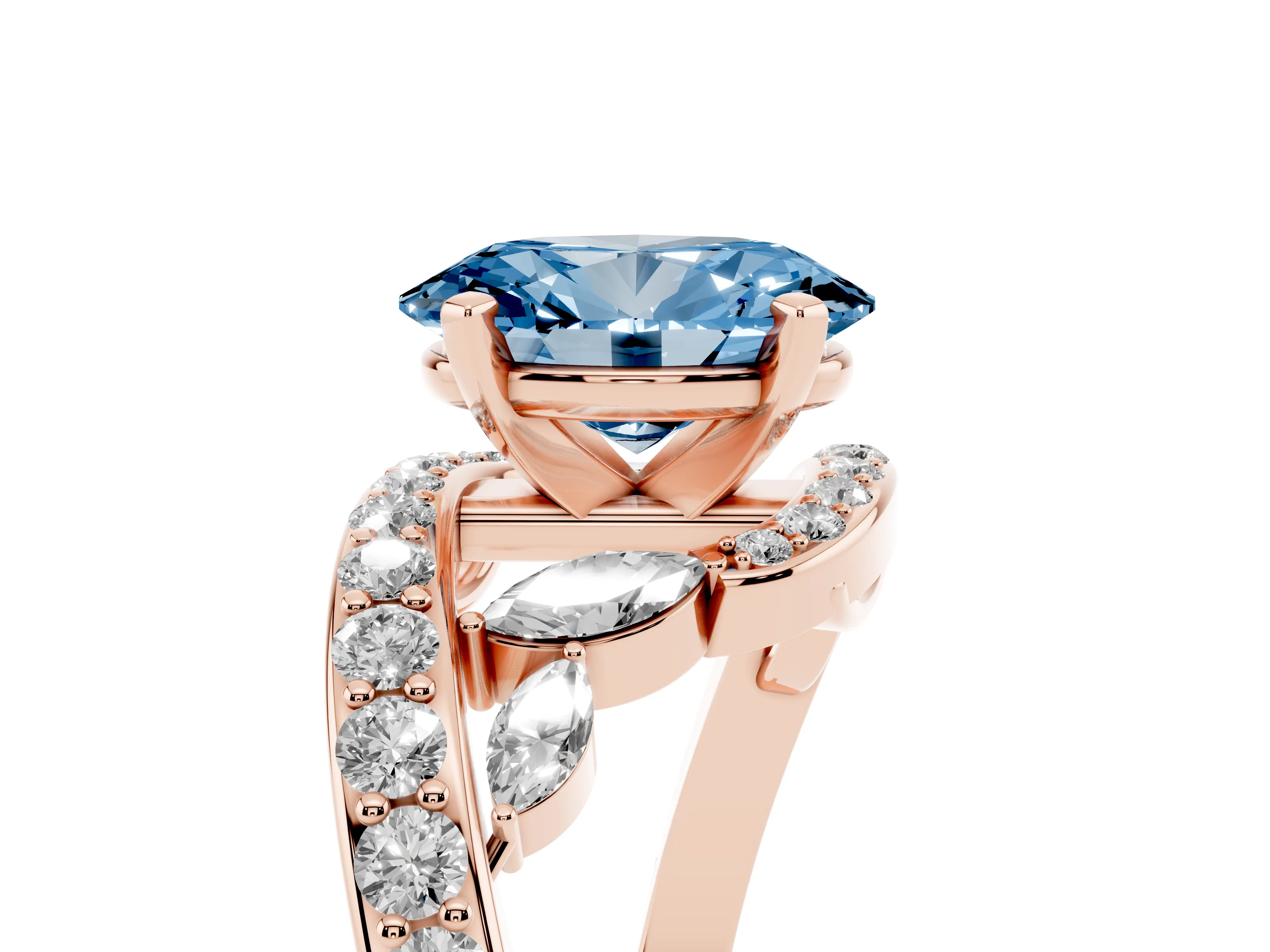 Fancy Blue Oval Cut Diamond Solitaire Ring Set in Rose gold with Pavé Twist Band and Secure Prong Setting