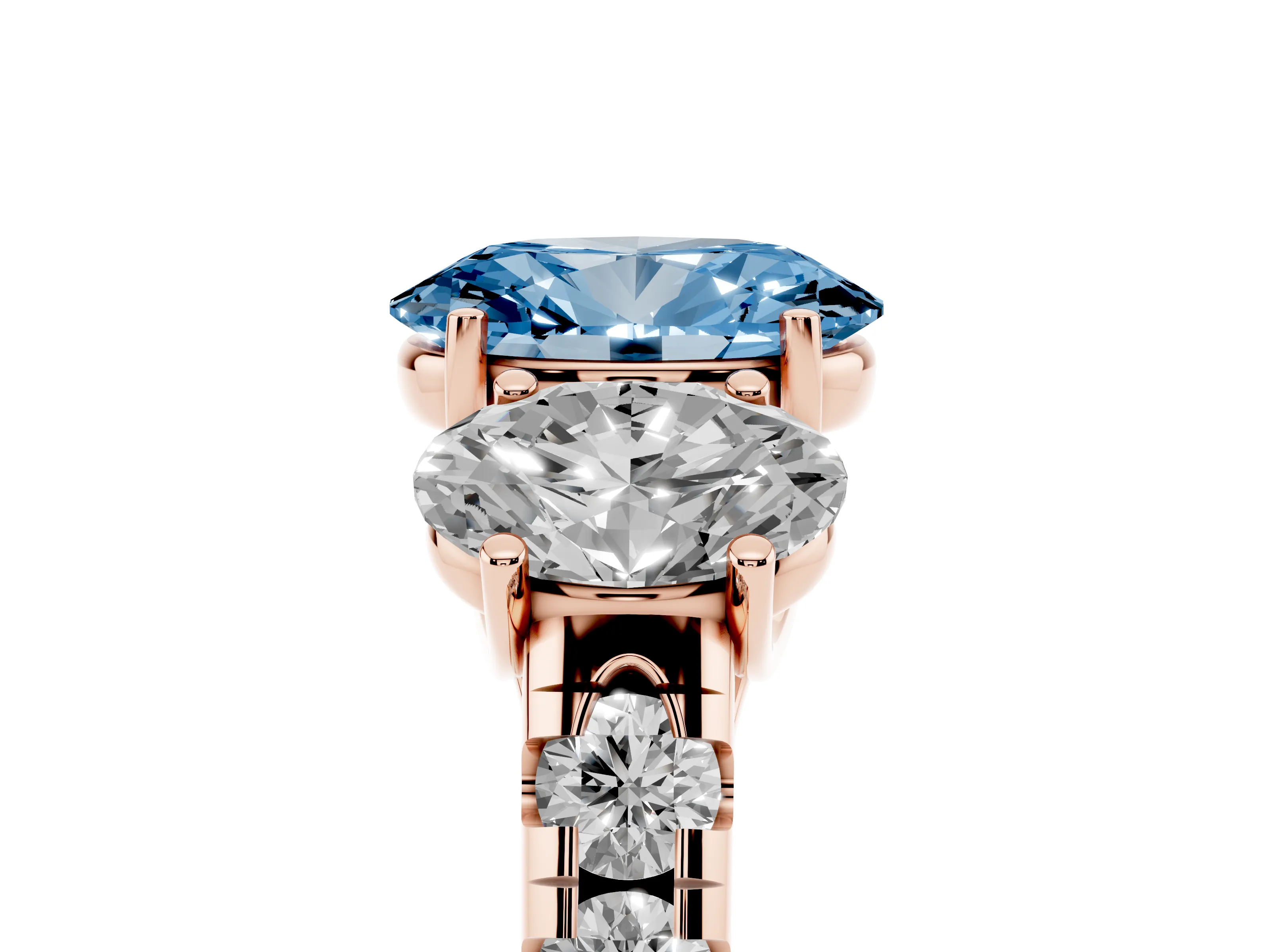 Fancy Blue Oval Cut Diamond Three-Stone Ring Set in Rose gold with Pavé Band