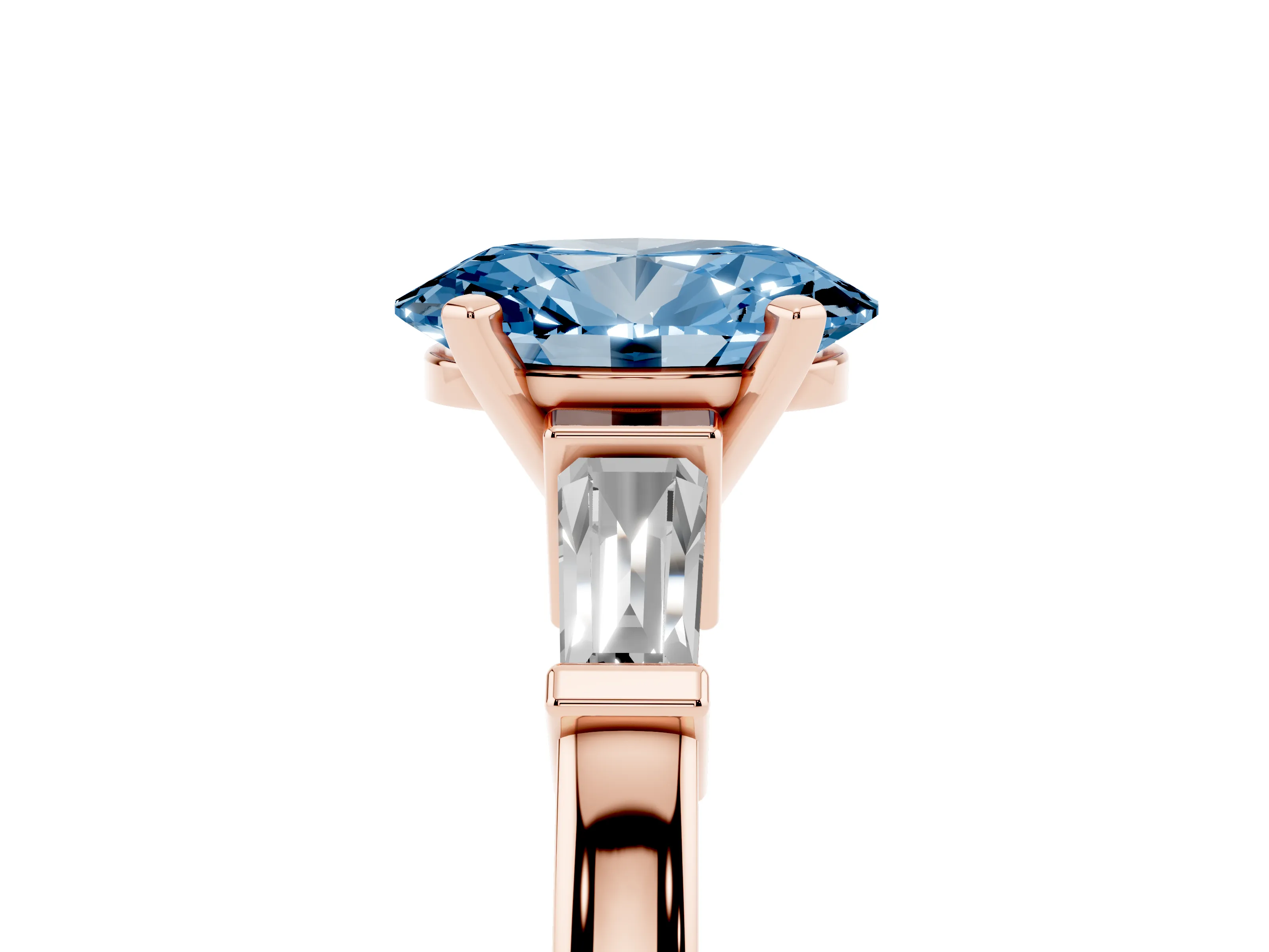 Fancy Blue Oval Cut Diamond Solitaire Ring Set in Rose gold with Tapered Baguette Accents and Prong Setting