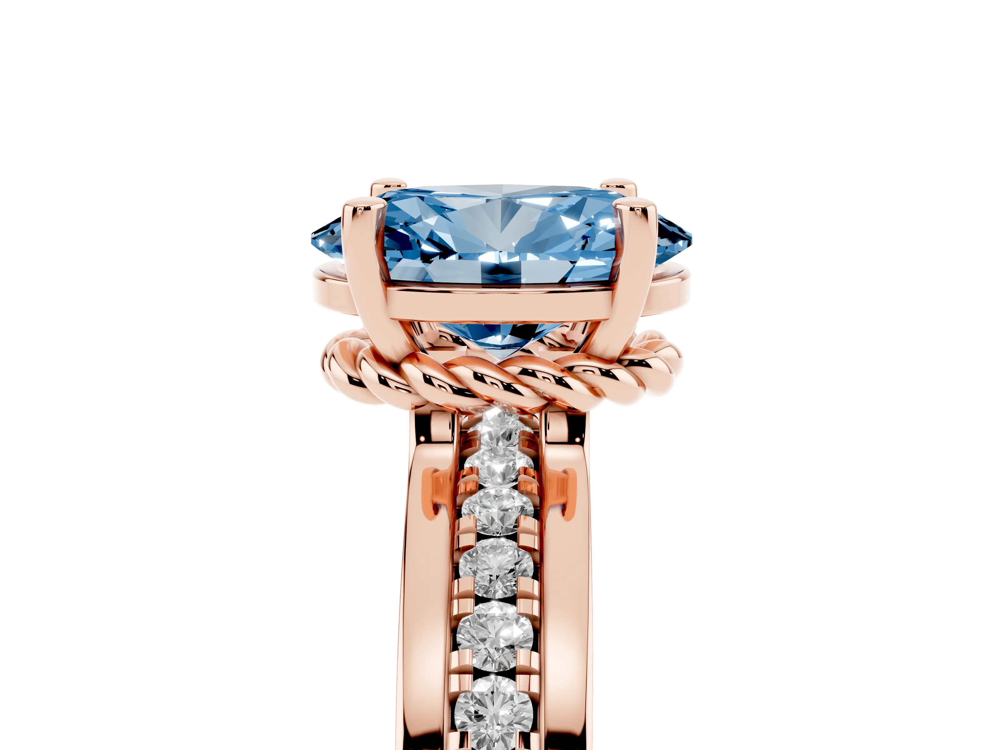 Fancy Blue Oval Cut Diamond Solitaire Ring Set in Rose gold with Channel Set Band and Prong Setting