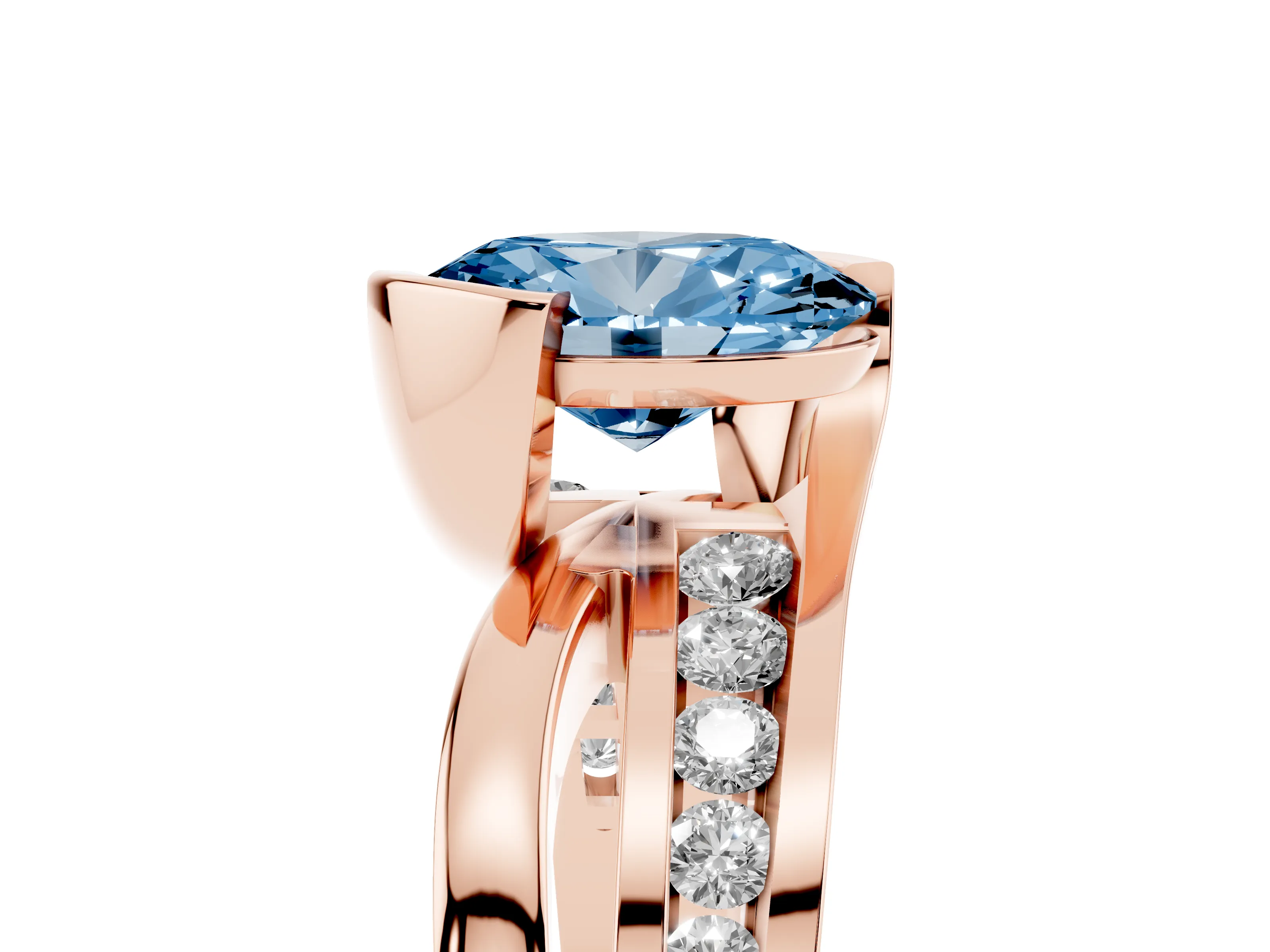 Fancy Blue Oval Cut Diamond Solitaire Ring Set in Rose gold with Channel Set Split Shank and Tension Prongs