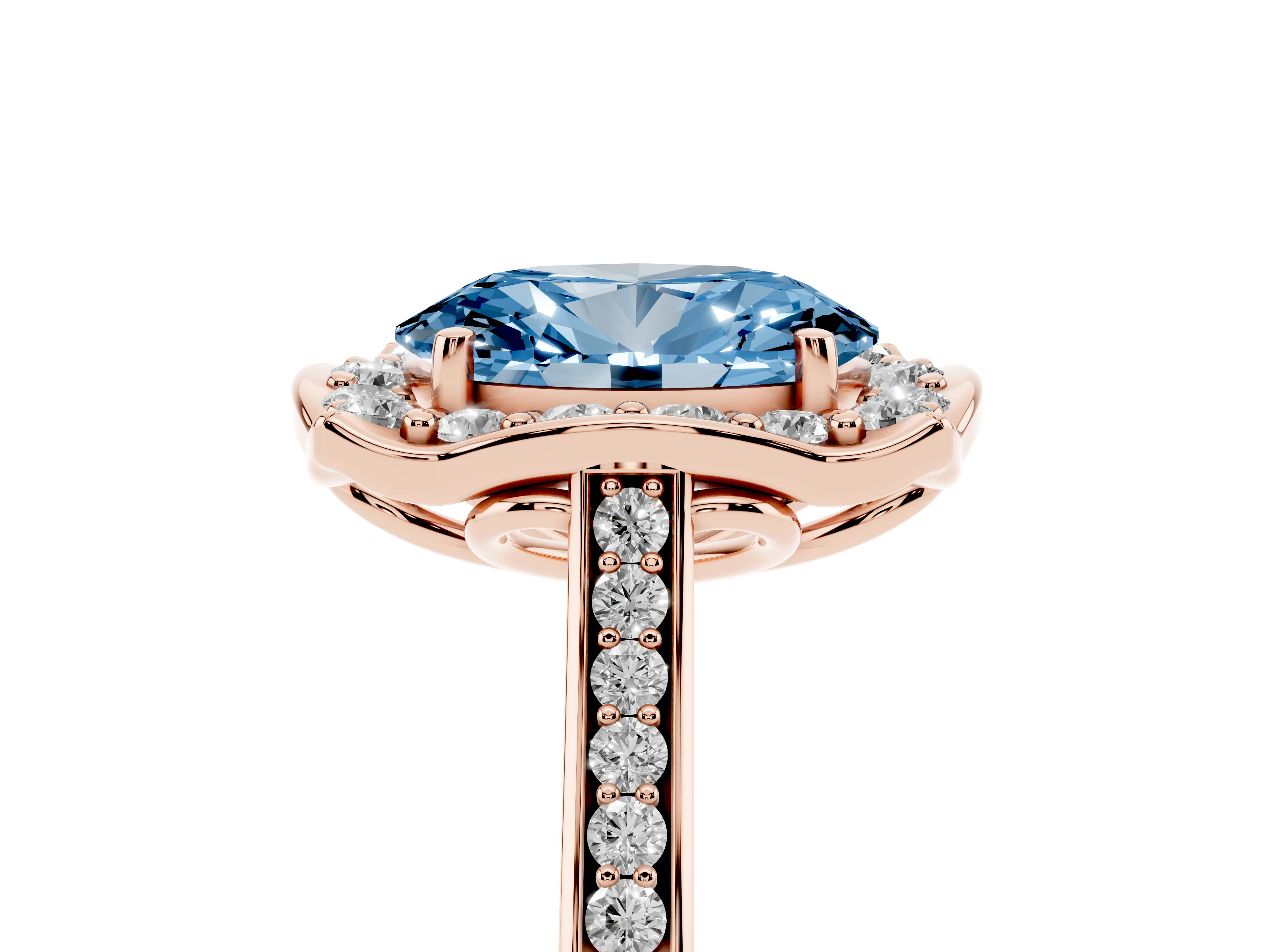 Fancy Blue Oval Cut Diamond Halo Ring Set in Rose gold with Pavé-Lined Shoulders and Prong Setting