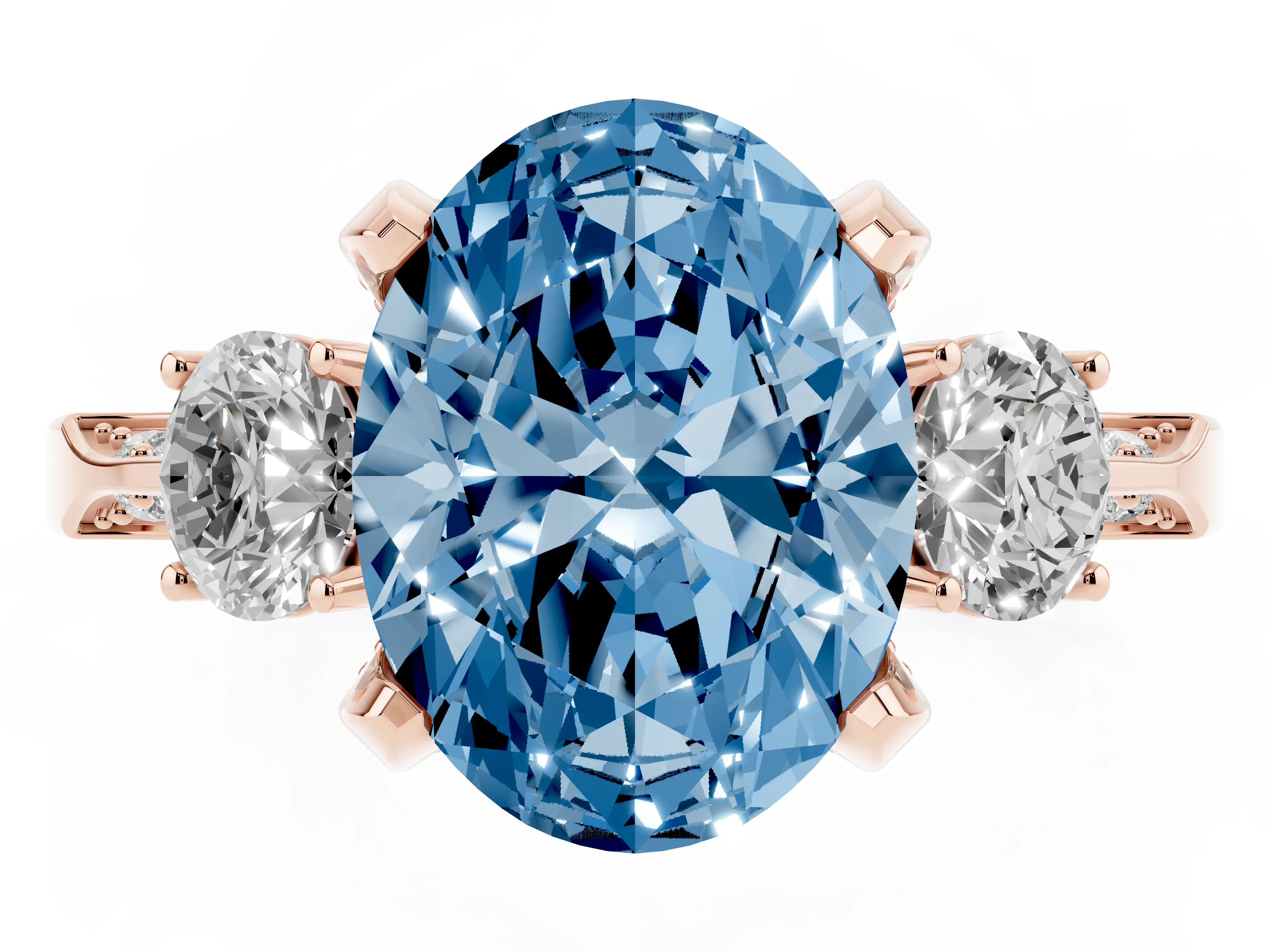 Fancy Blue Oval Cut Diamond Three-Stone Ring Set in Rose gold with Pavé Band and Smaller Side Stones