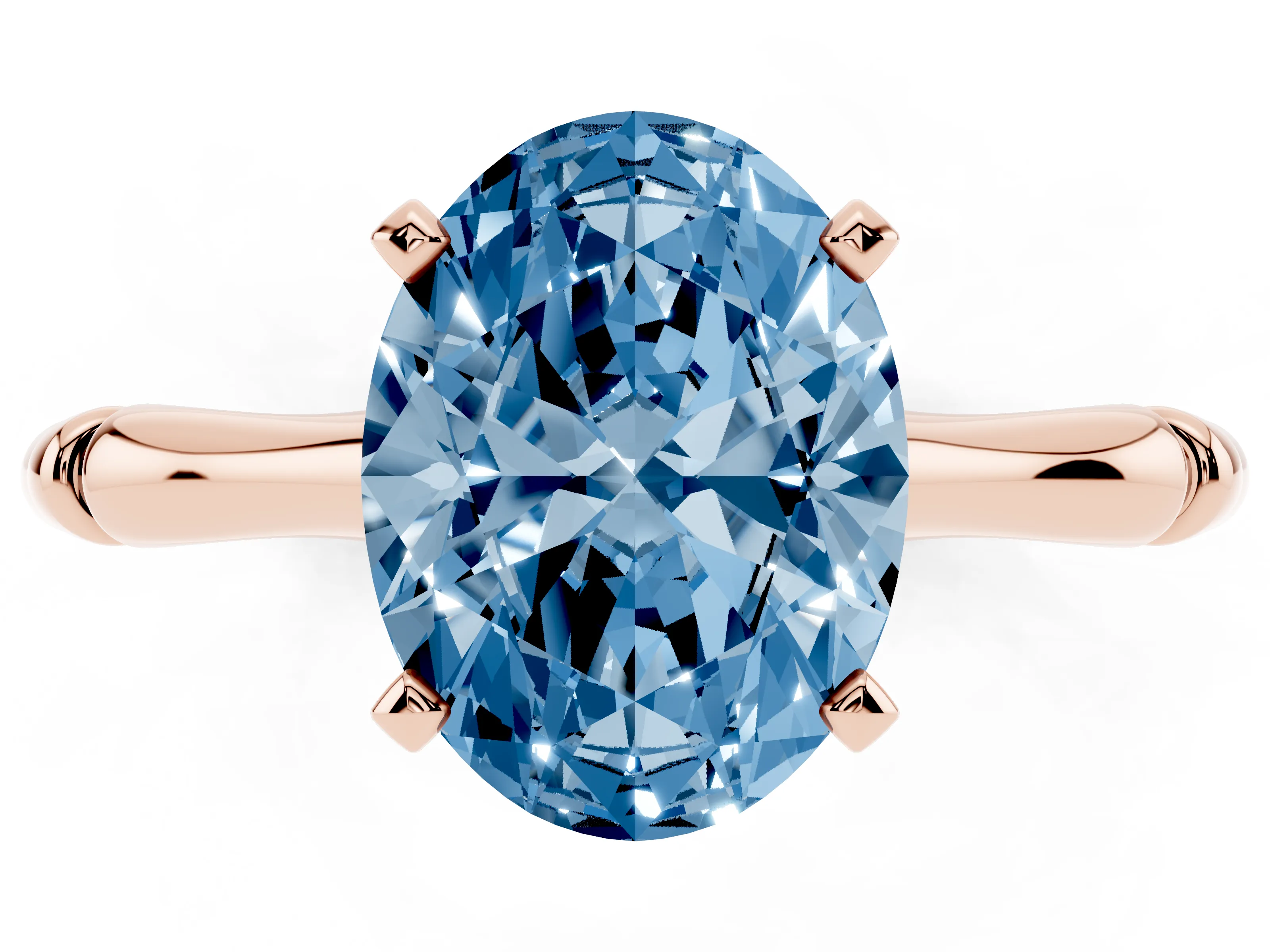 Fancy Blue Oval Cut Diamond Solitaire Ring Set in Rose gold with Bamboo Band and Prong Setting