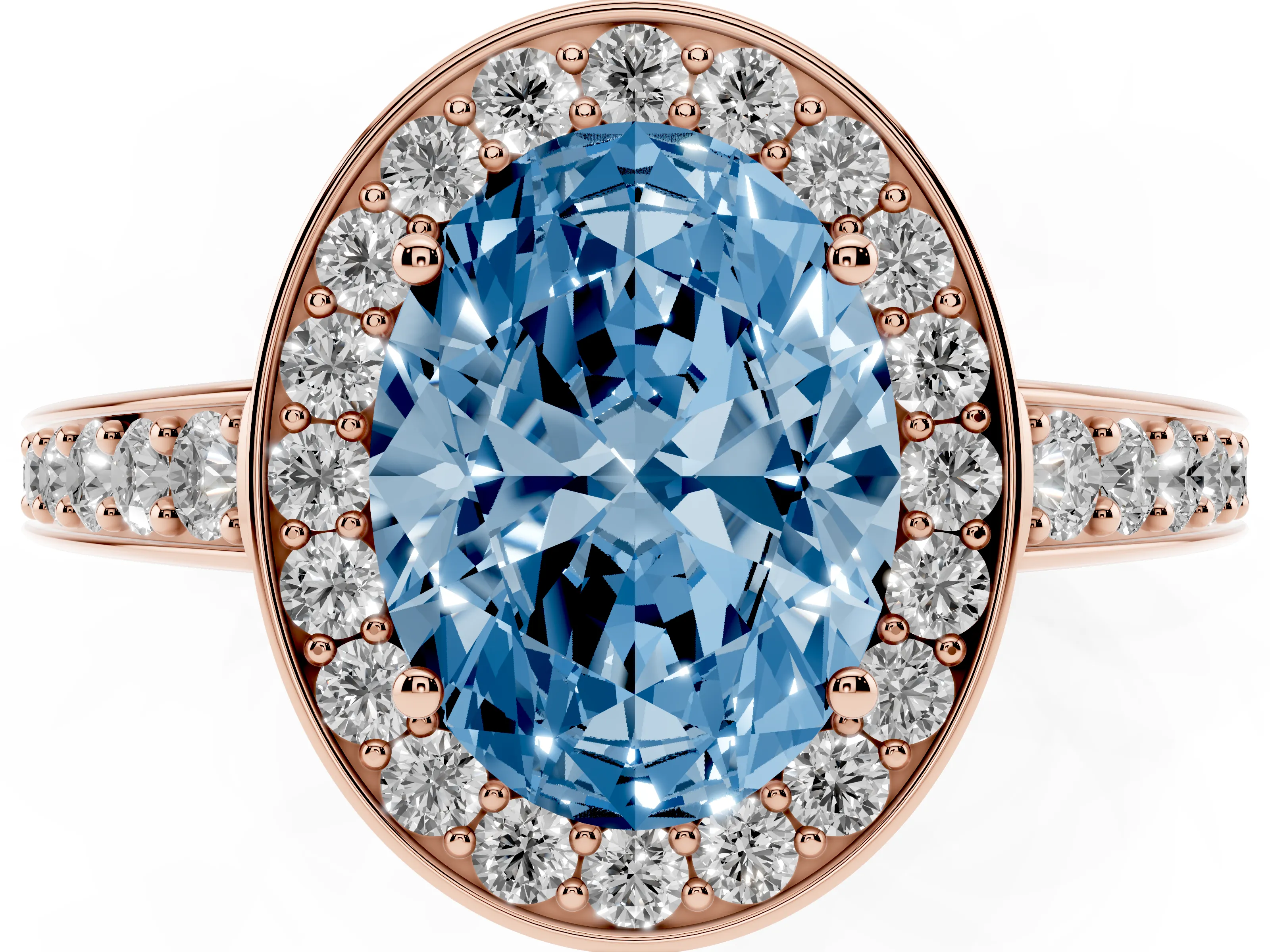 Fancy Blue Oval Cut Diamond Halo Pavé Engagement Ring Set in Rose gold with Bezel Setting
