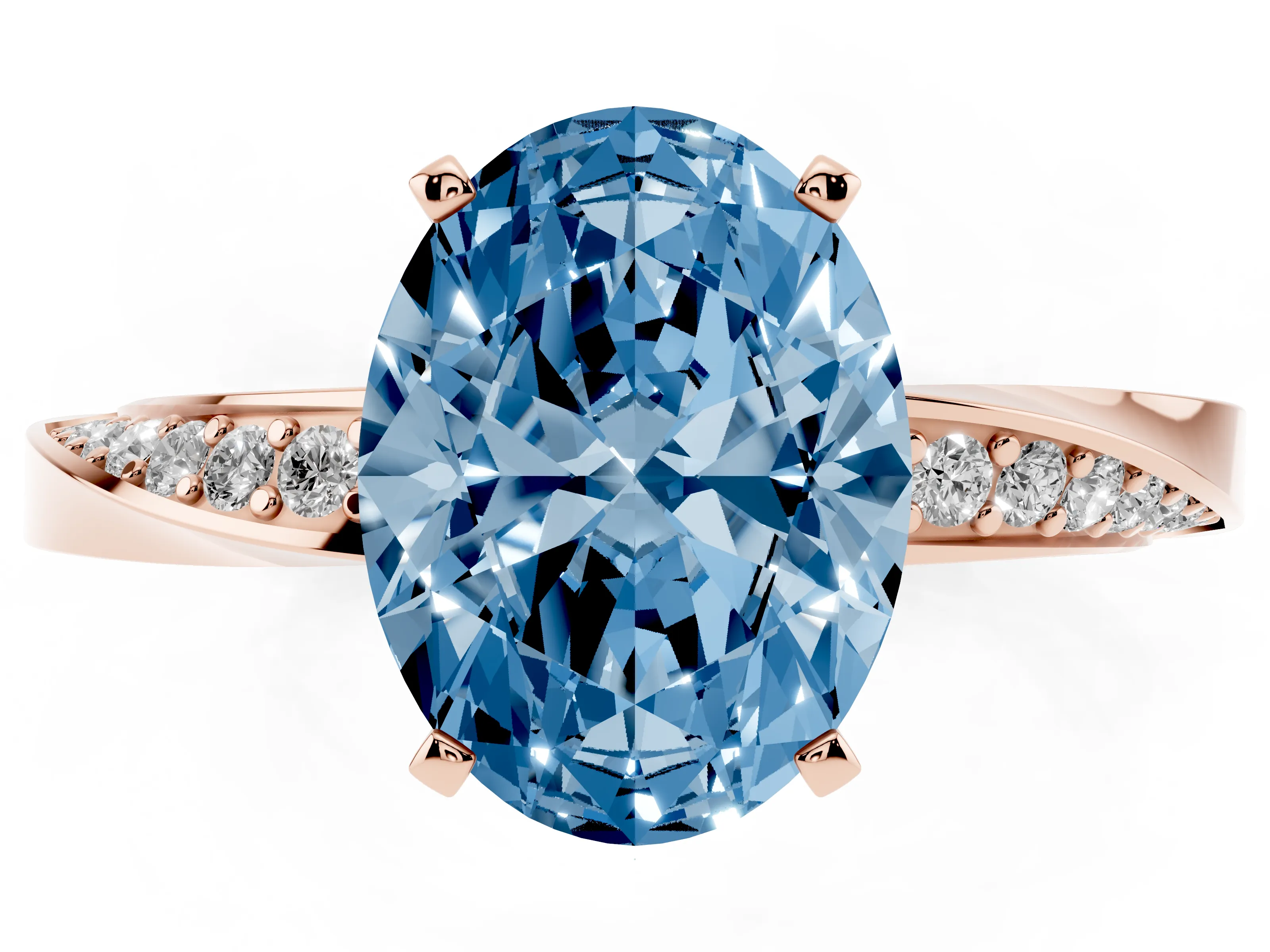Fancy Blue Oval Cut Diamond Engagement Ring Set in Rose gold with Side Stone Accents and Prong Setting