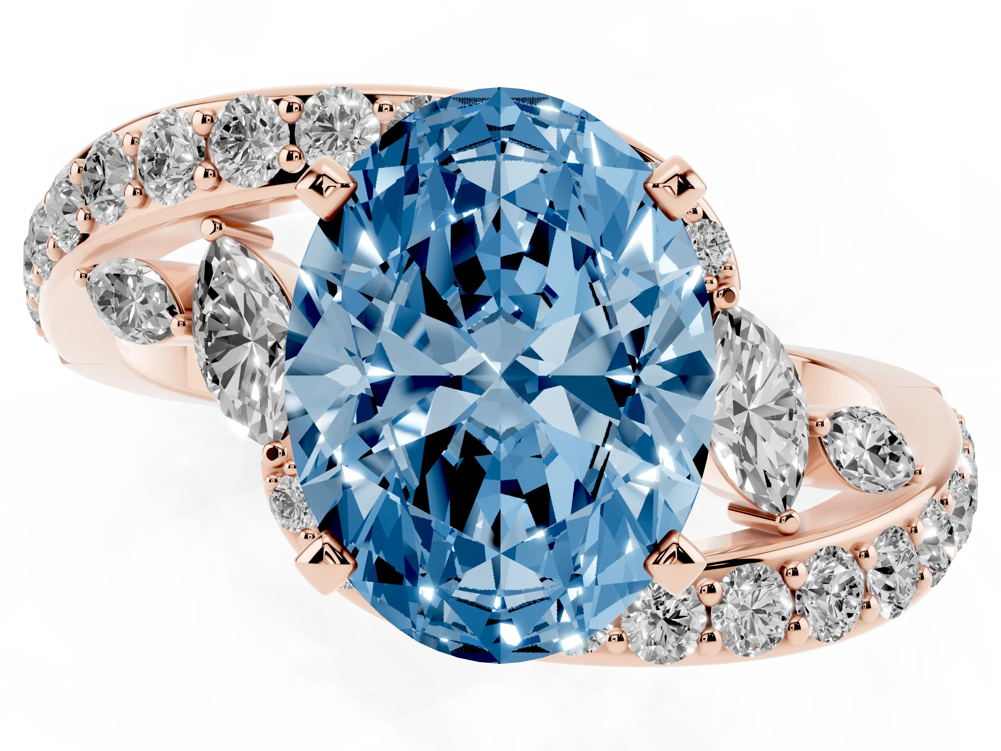 Fancy Blue Oval Cut Diamond Solitaire Ring Set in Rose gold with Pavé Twist Band and Secure Prong Setting