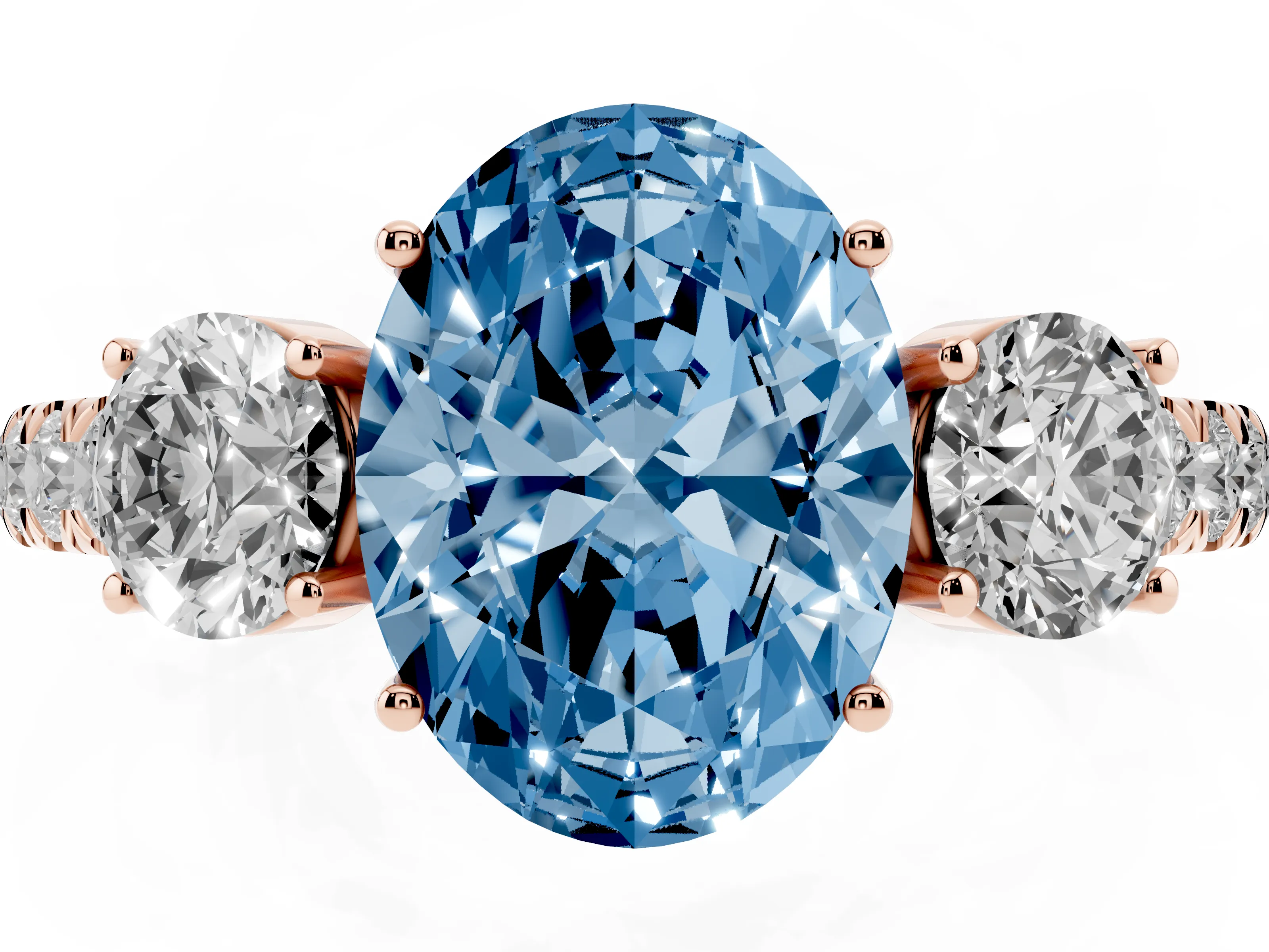 Fancy Blue Oval Cut Diamond Three-Stone Ring Set in Rose gold with Round Side Stones and Delicate Pavé Band