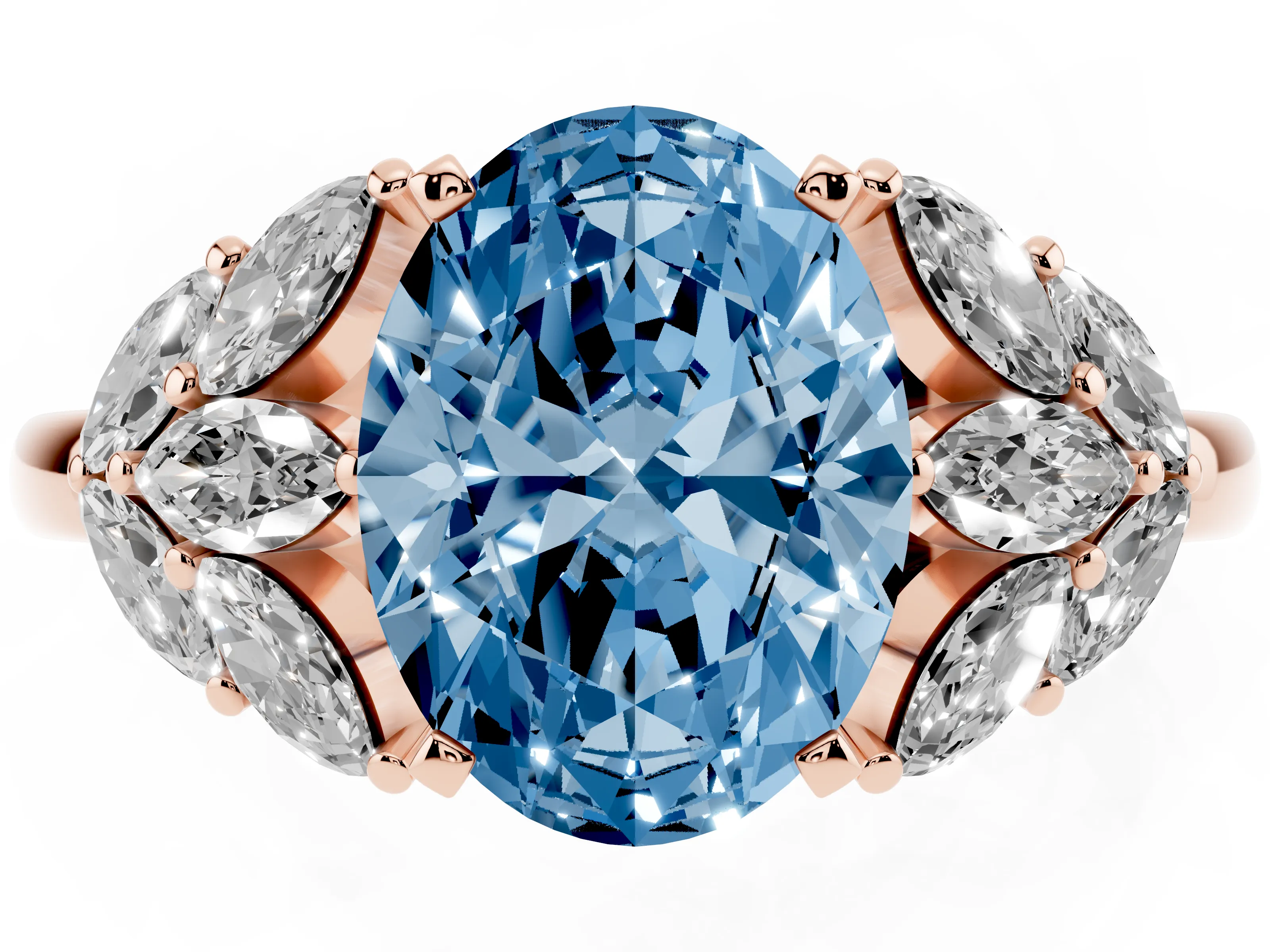 Fancy Blue Oval Cut Diamond Cluster Leaf Design Ring Set in Rose gold with Prong Setting