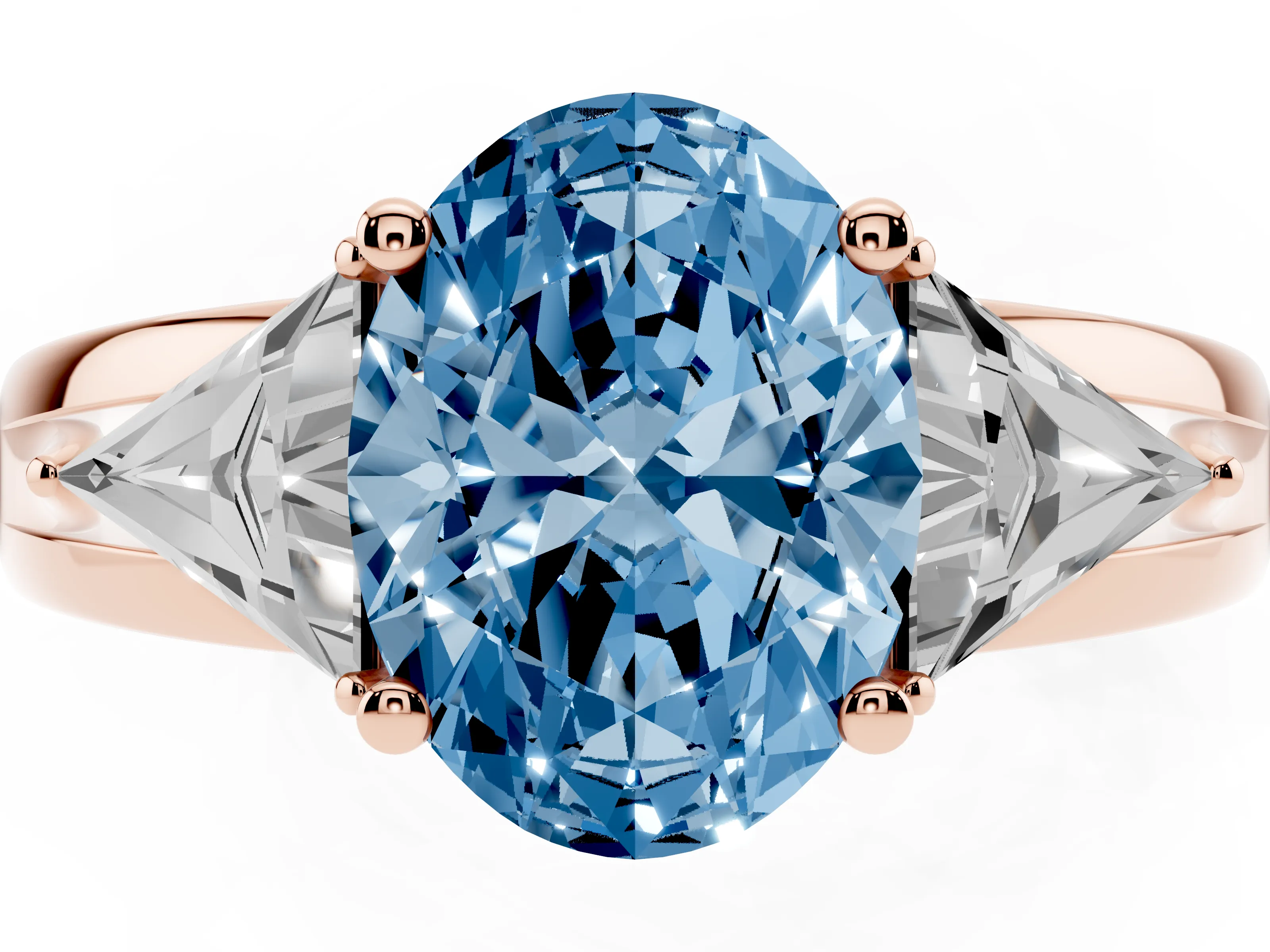 Fancy Blue Oval Cut Diamond Three-Stone Ring Set in Rose gold with Trillion Side Stones and Split Shank