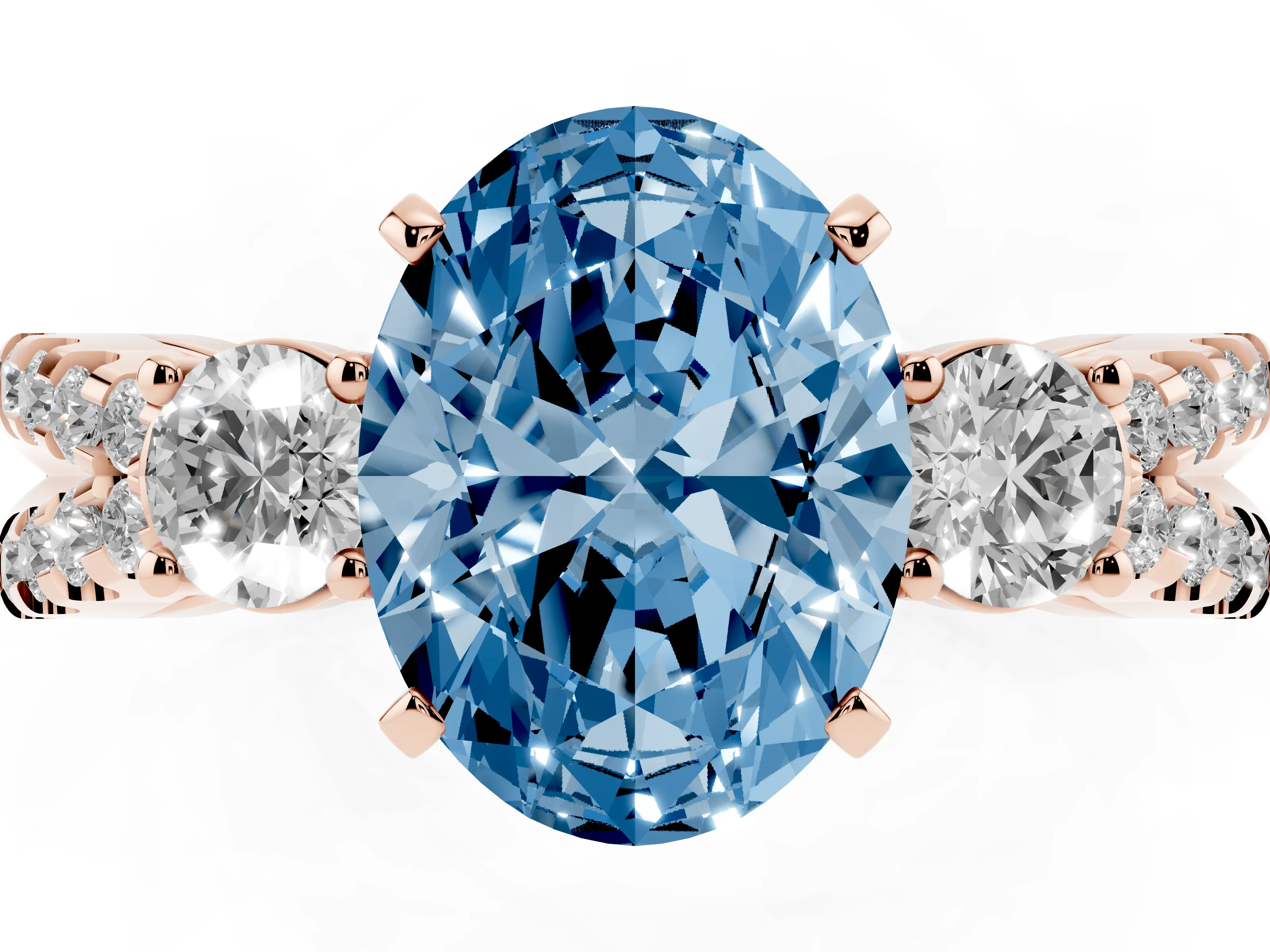 Fancy Blue Oval Cut Diamond Three-Stone Ring Set in Rose gold with Pavé Split Shank and Prong Setting