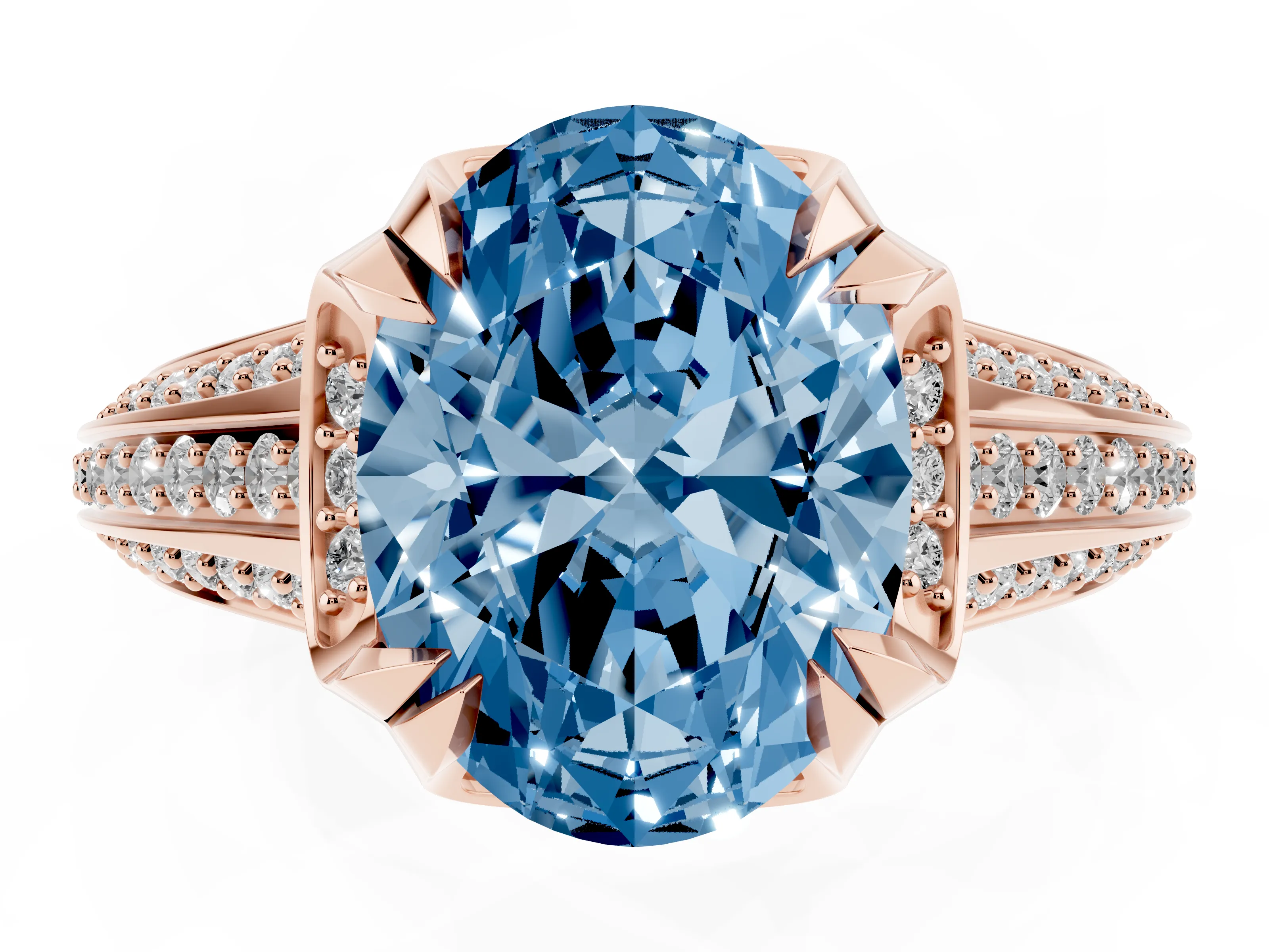 Fancy Blue Oval Cut Diamond Pavé Split Shank Solitaire Ring Set in Rose gold with Prong Setting