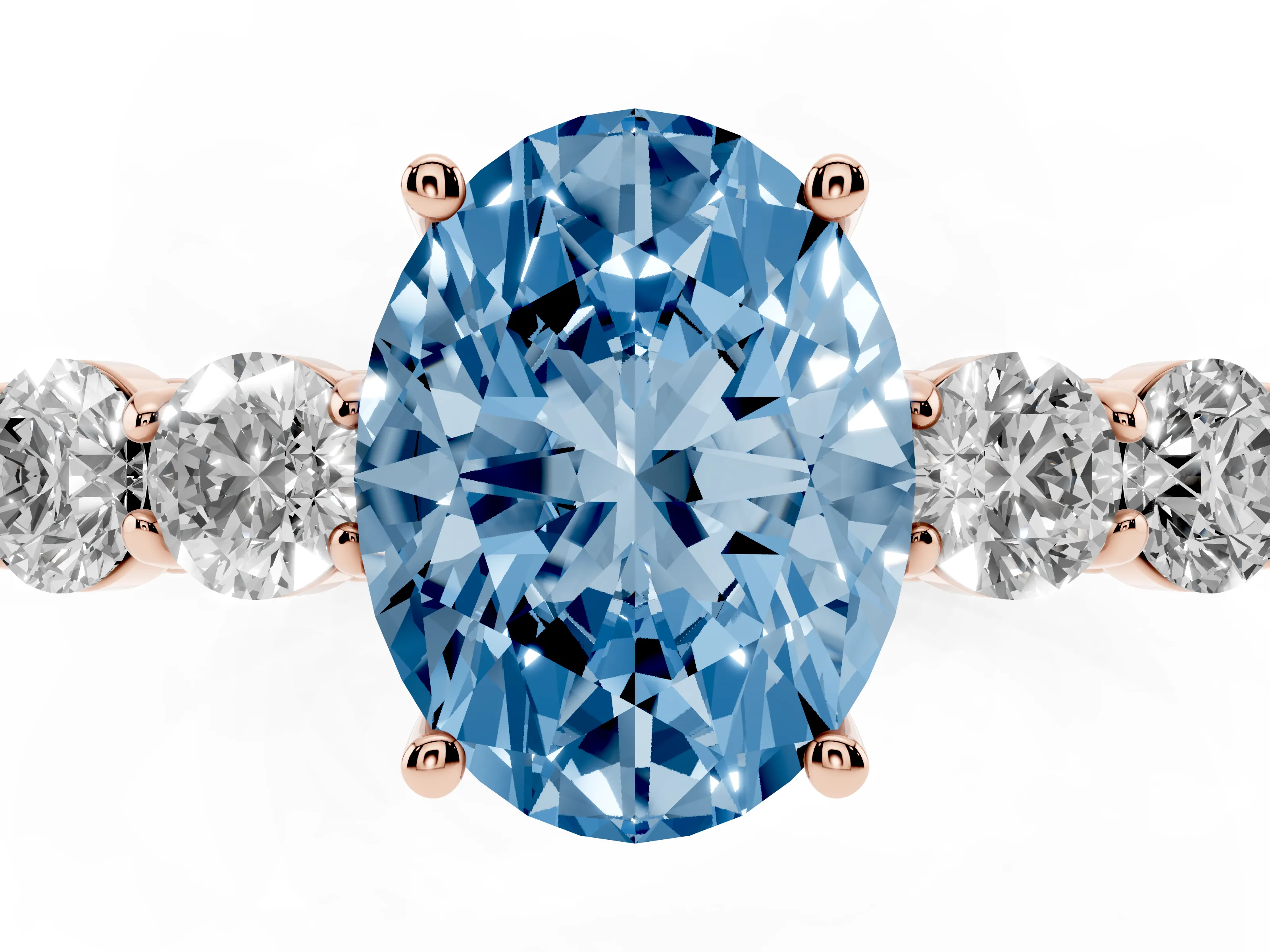 Fancy Blue Oval Cut Diamond Five-Stone Prong Set Band Ring Set in Rose gold with Polished Band