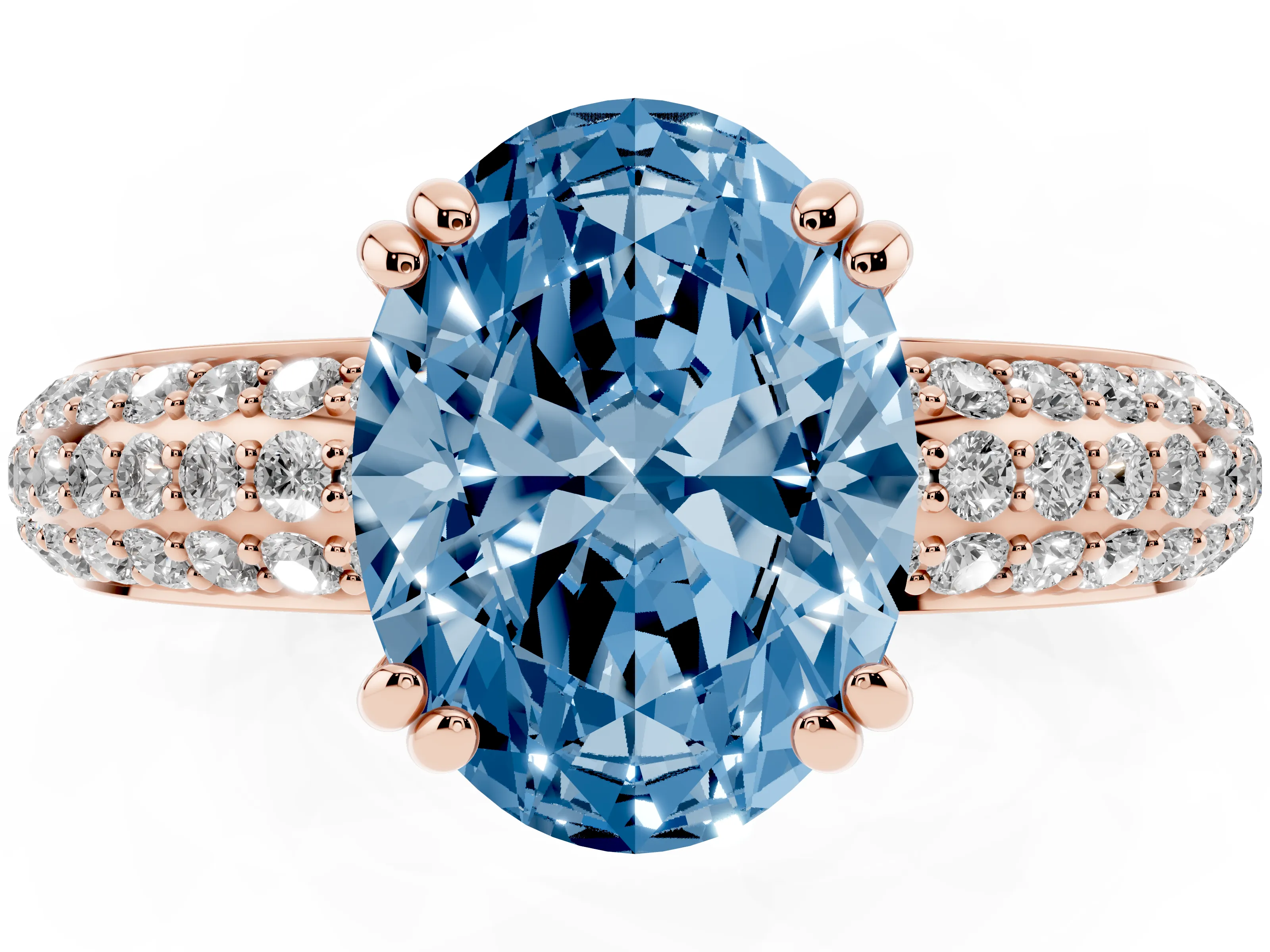 Fancy Blue Oval Cut Diamond Solitaire Ring Set in Rose gold with Multi-Row Round Pavé Band and Prong Setting