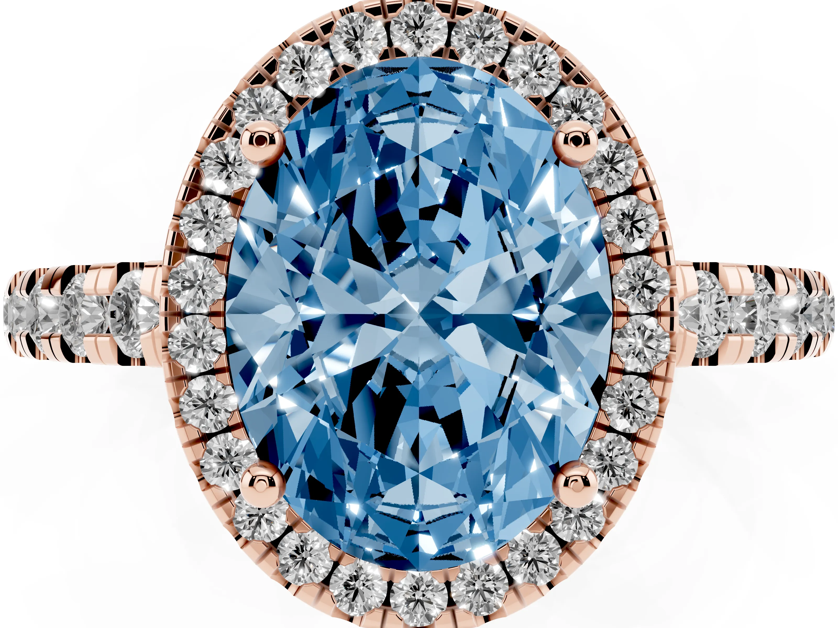 Fancy Blue Oval Cut Diamond Halo Ring Set in Rose gold with Delicate Pavé Band and Prong Setting