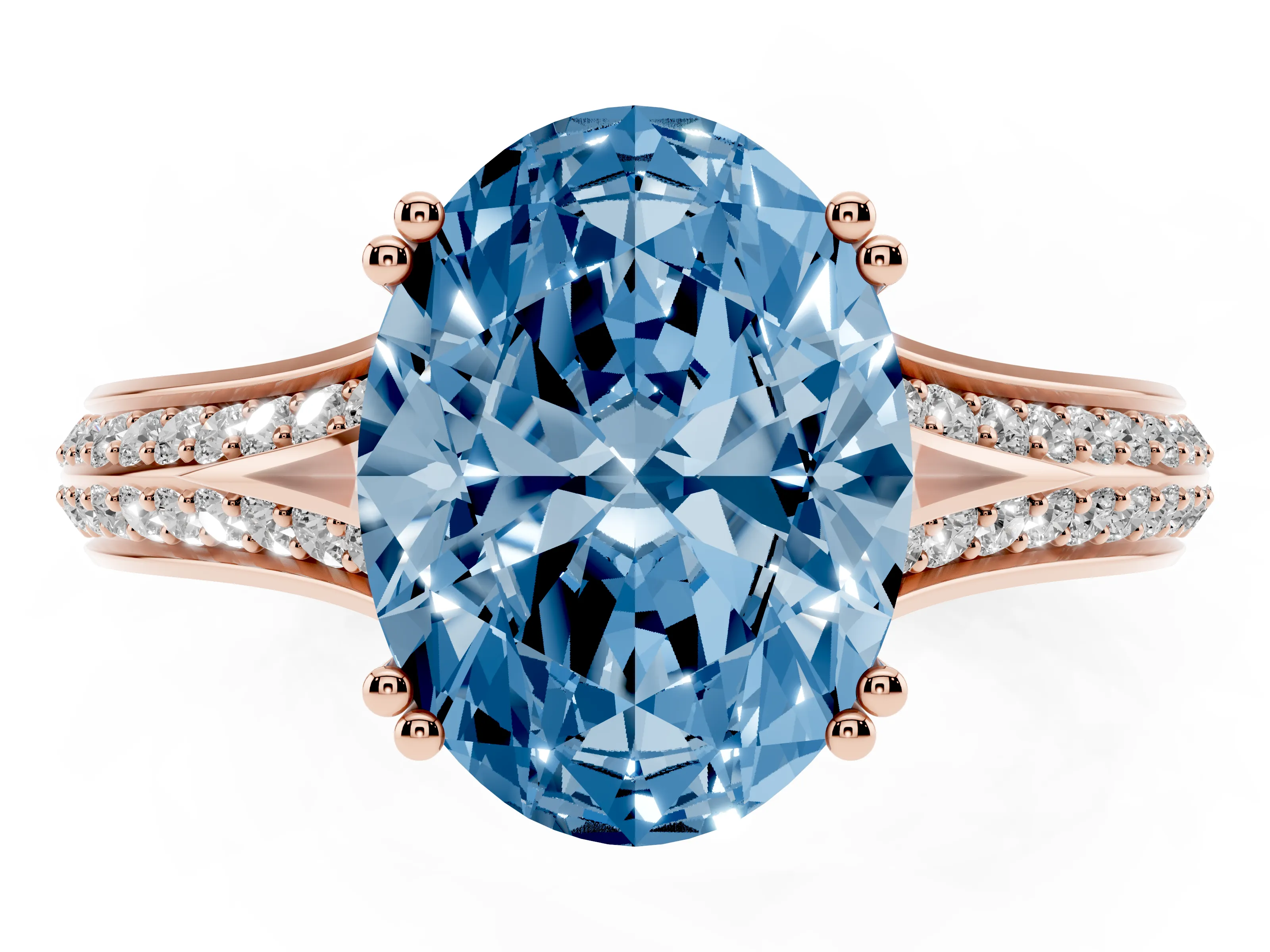 Fancy Blue Oval Cut Diamond Split Shank Pavé Engagement Ring Set in Rose gold with Prong-Set Center Stone