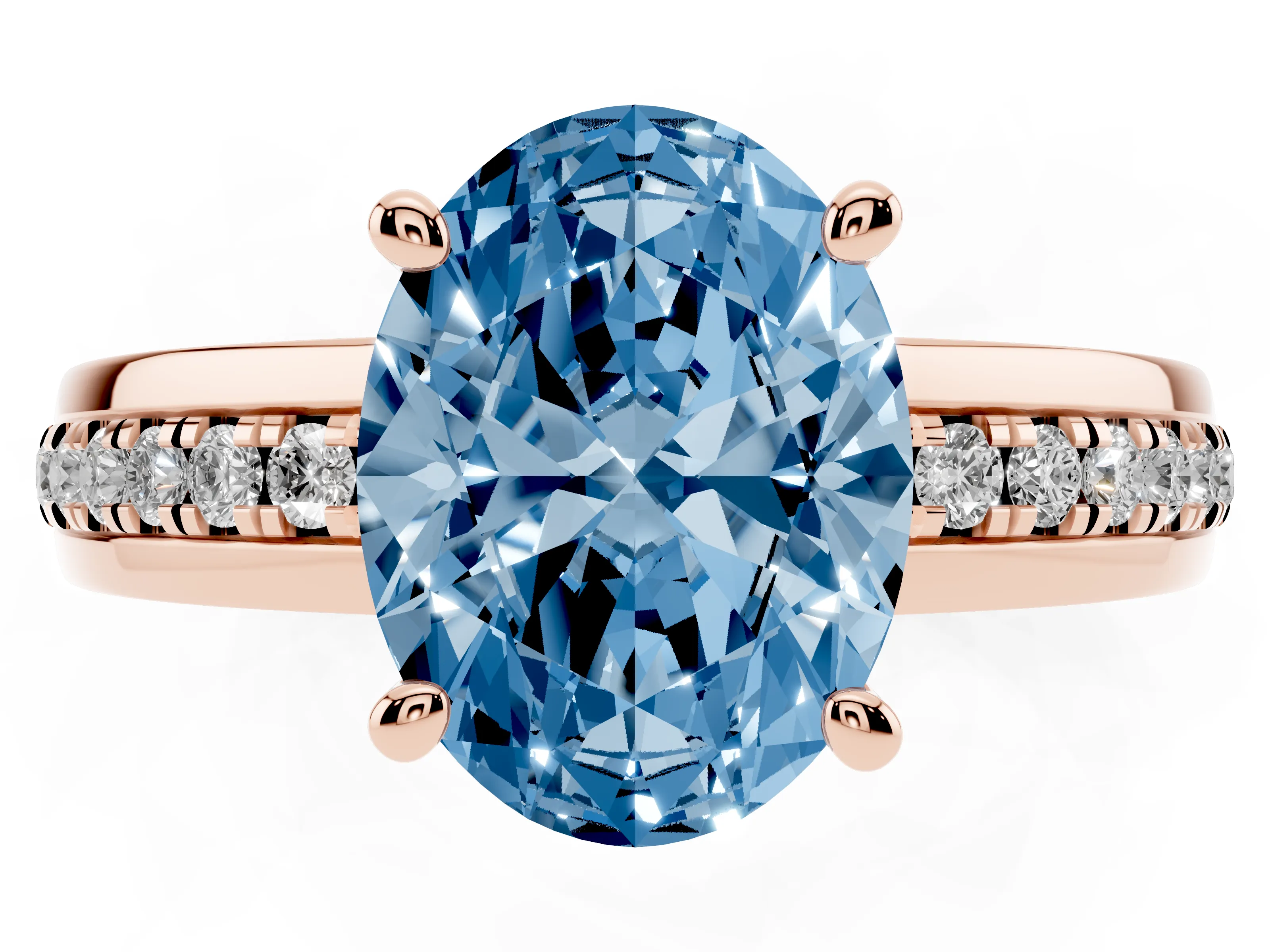 Fancy Blue Oval Cut Diamond Solitaire Ring Set in Rose gold with Channel Set Band and Prong Setting