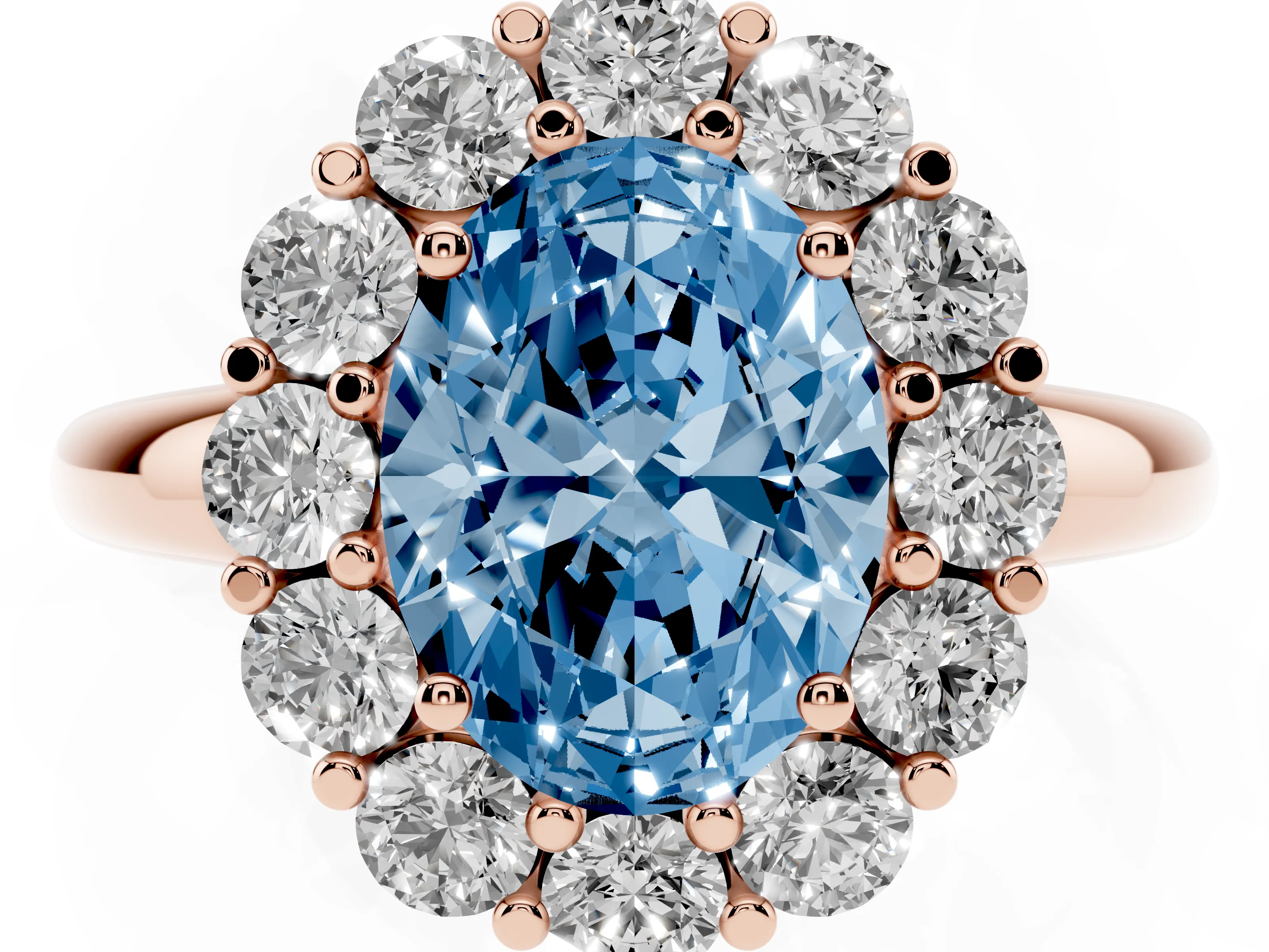 Fancy Blue Oval Cut Diamond Halo Cluster Engagement Ring Set in Rose gold with Polished Band and Prong Setting