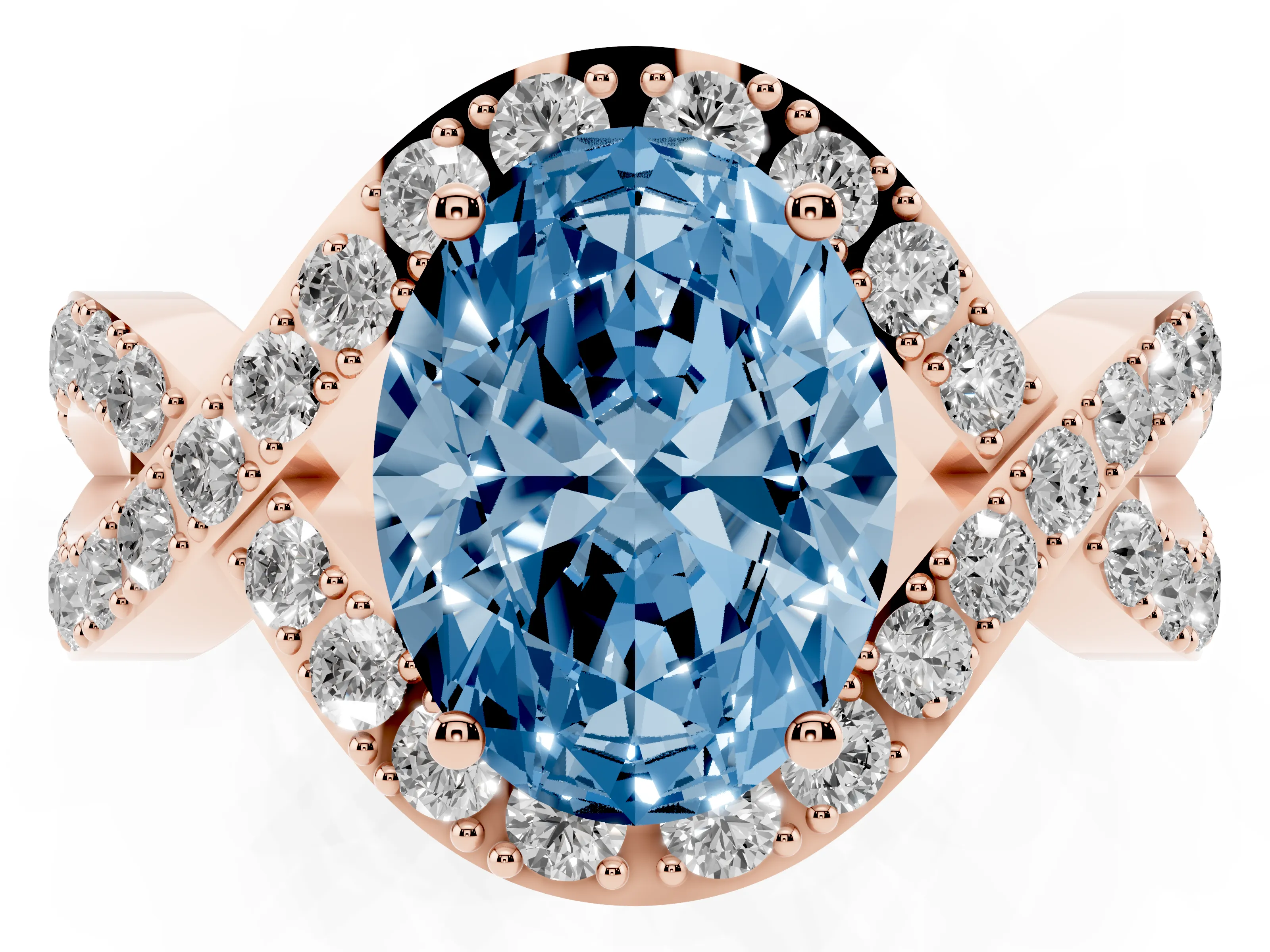 Fancy Blue Oval Cut Diamond Solitaire Twist Band Pavé Engagement Ring Set in Rose gold