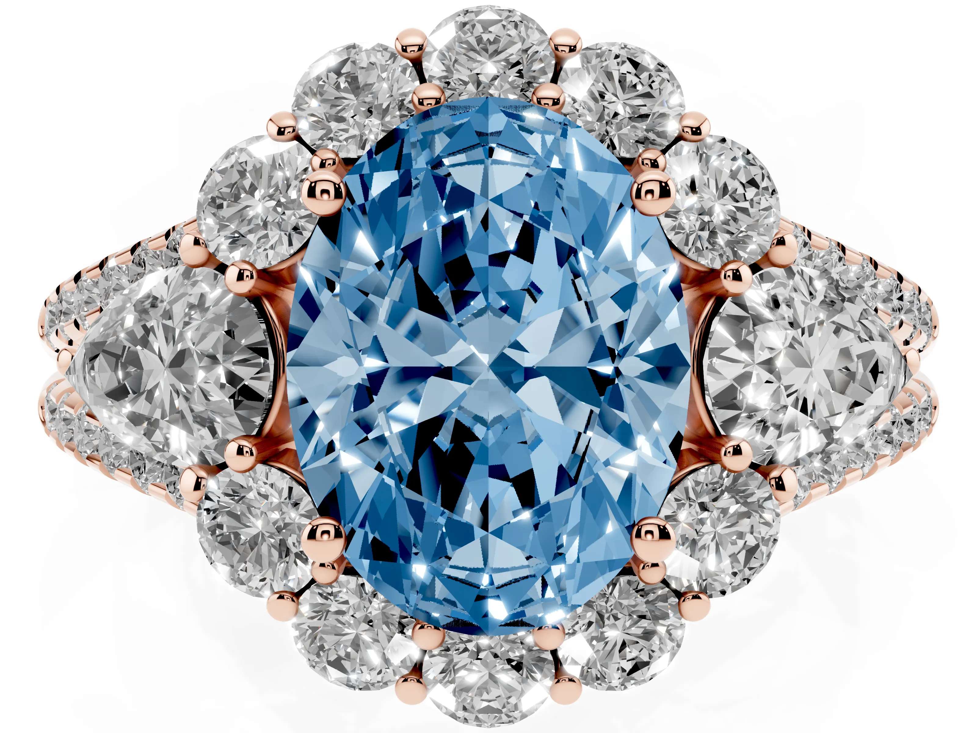 Fancy Blue Oval Cut Diamond Halo Split Shank Engagement Ring Set in Rose gold with Prong-Held Center Stone