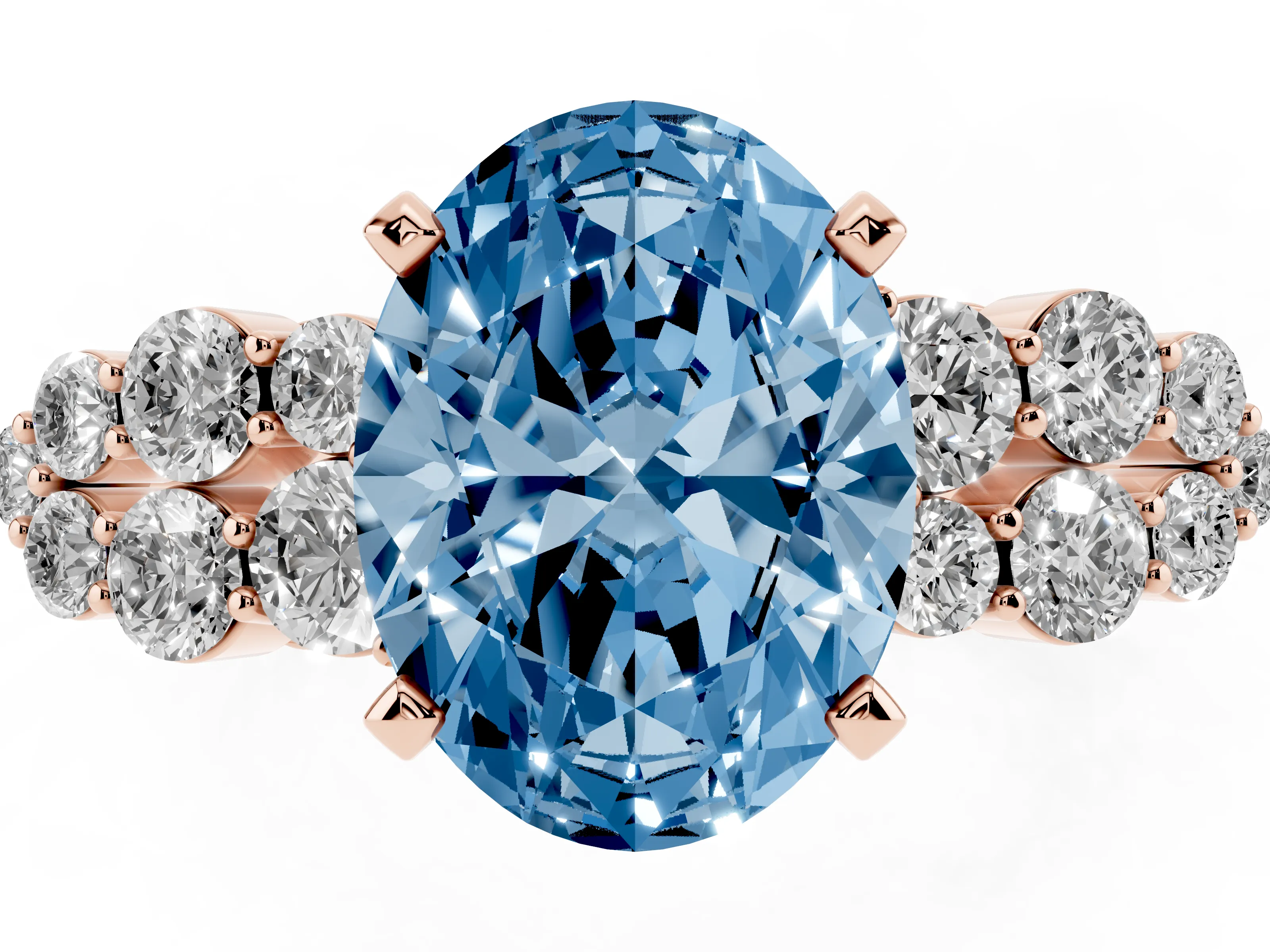 Fancy Blue Oval Cut Diamond Cluster Engagement Ring Set in Rose gold with Pavé Band and Prong Setting