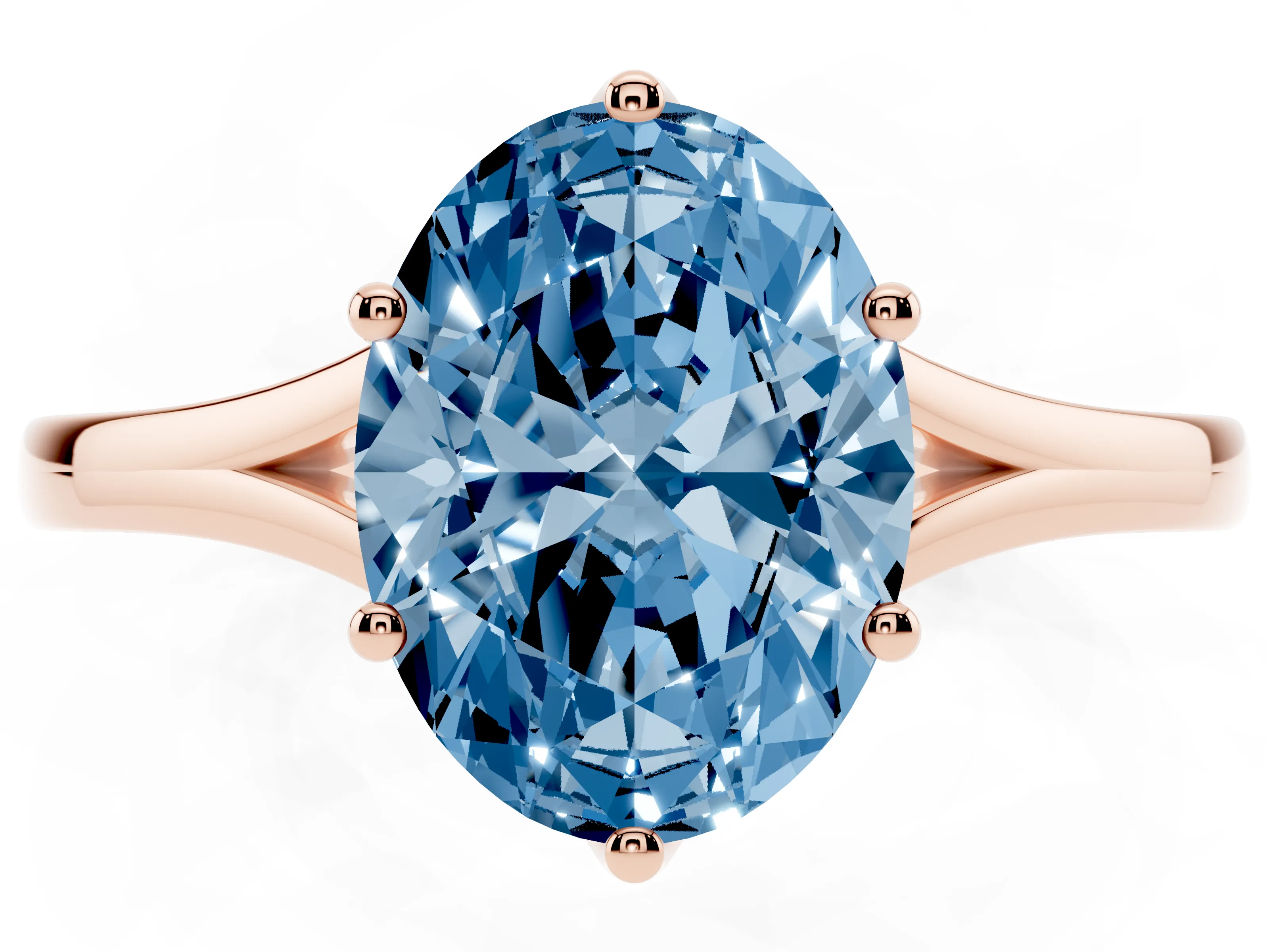 Fancy Blue Oval Cut Diamond Solitaire Ring Set in Rose gold with Polished Tapered Band and Prong Setting