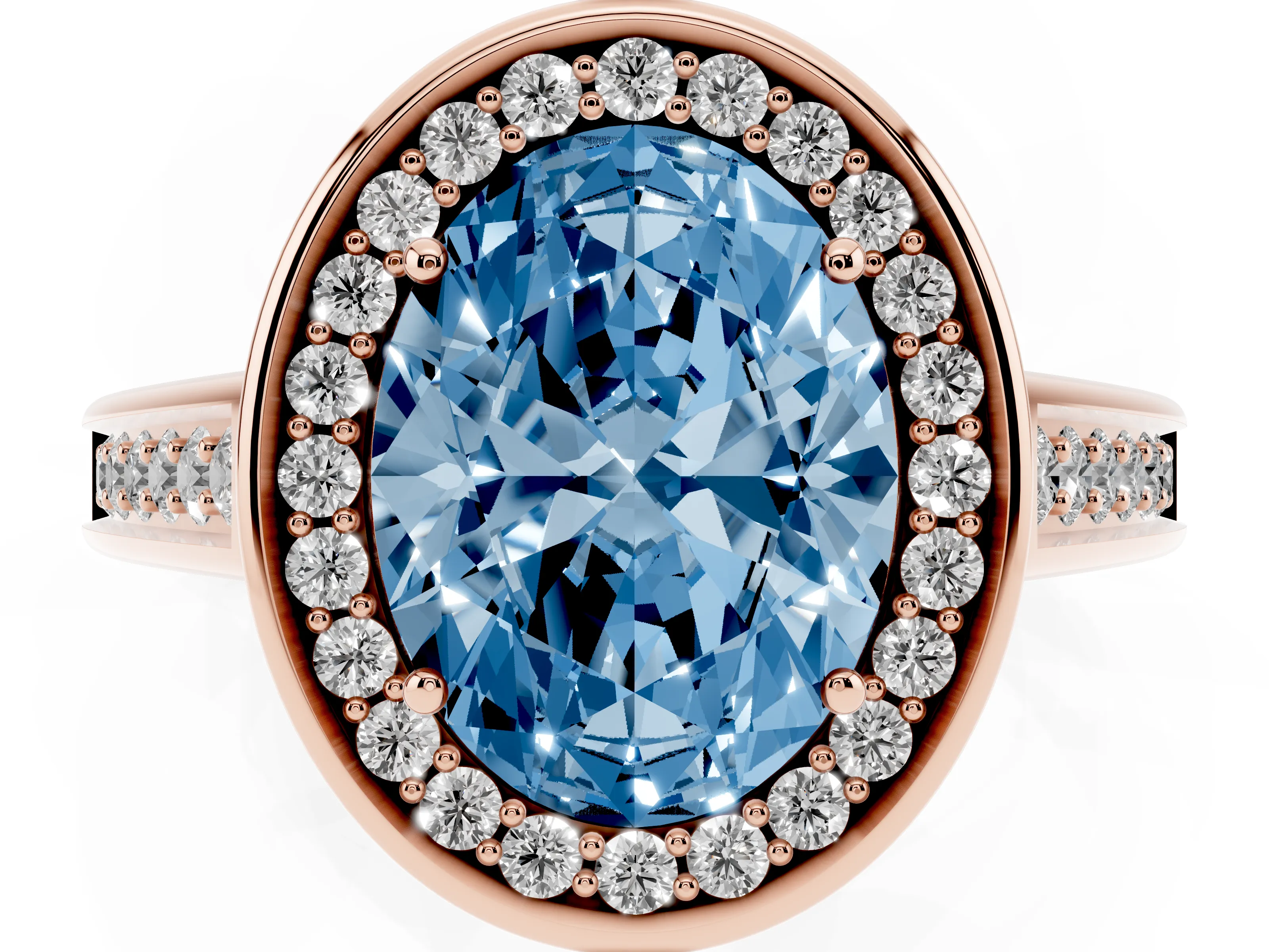 Fancy Blue Oval Cut Diamond Halo Solitaire Ring Set in Rose gold with Pavé Band and Bezel Setting