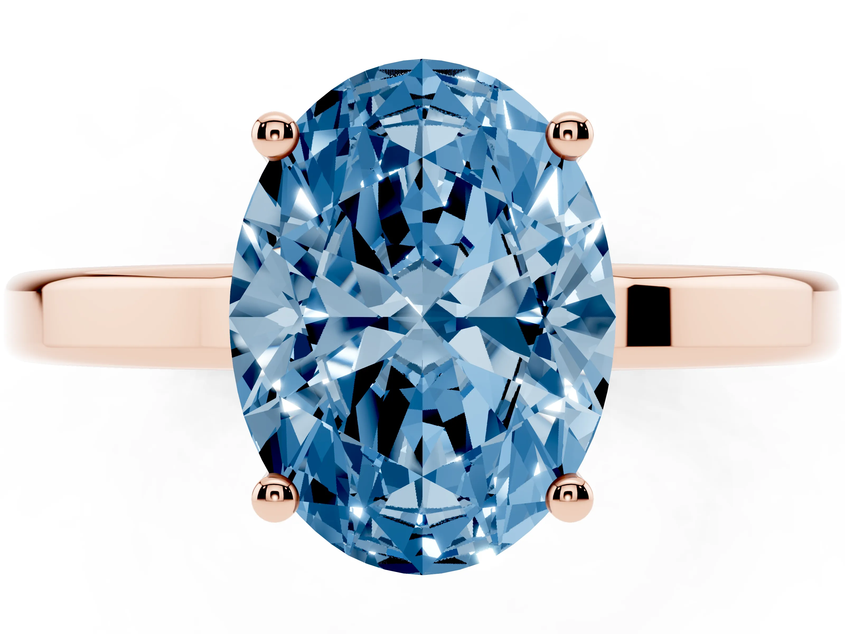 Fancy Blue Oval Cut Diamond Solitaire Engagement Ring Set in Rose gold with Prong Setting on a Plain Band