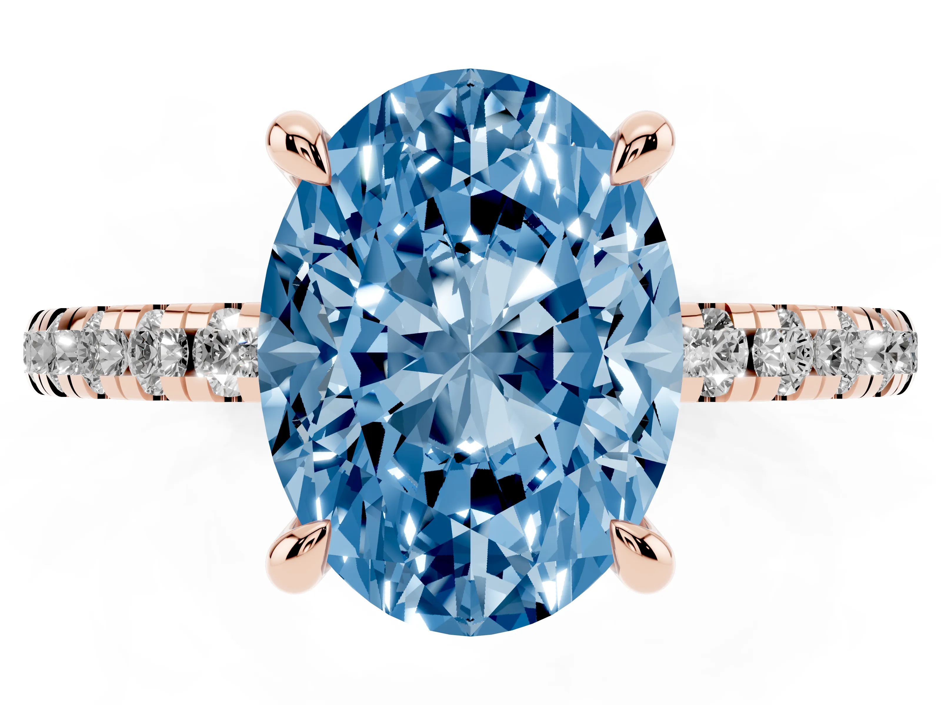 Fancy Blue Oval Cut Diamond Brilliant Solitaire Ring Set in Rose gold with Pavé Band and Prong Setting