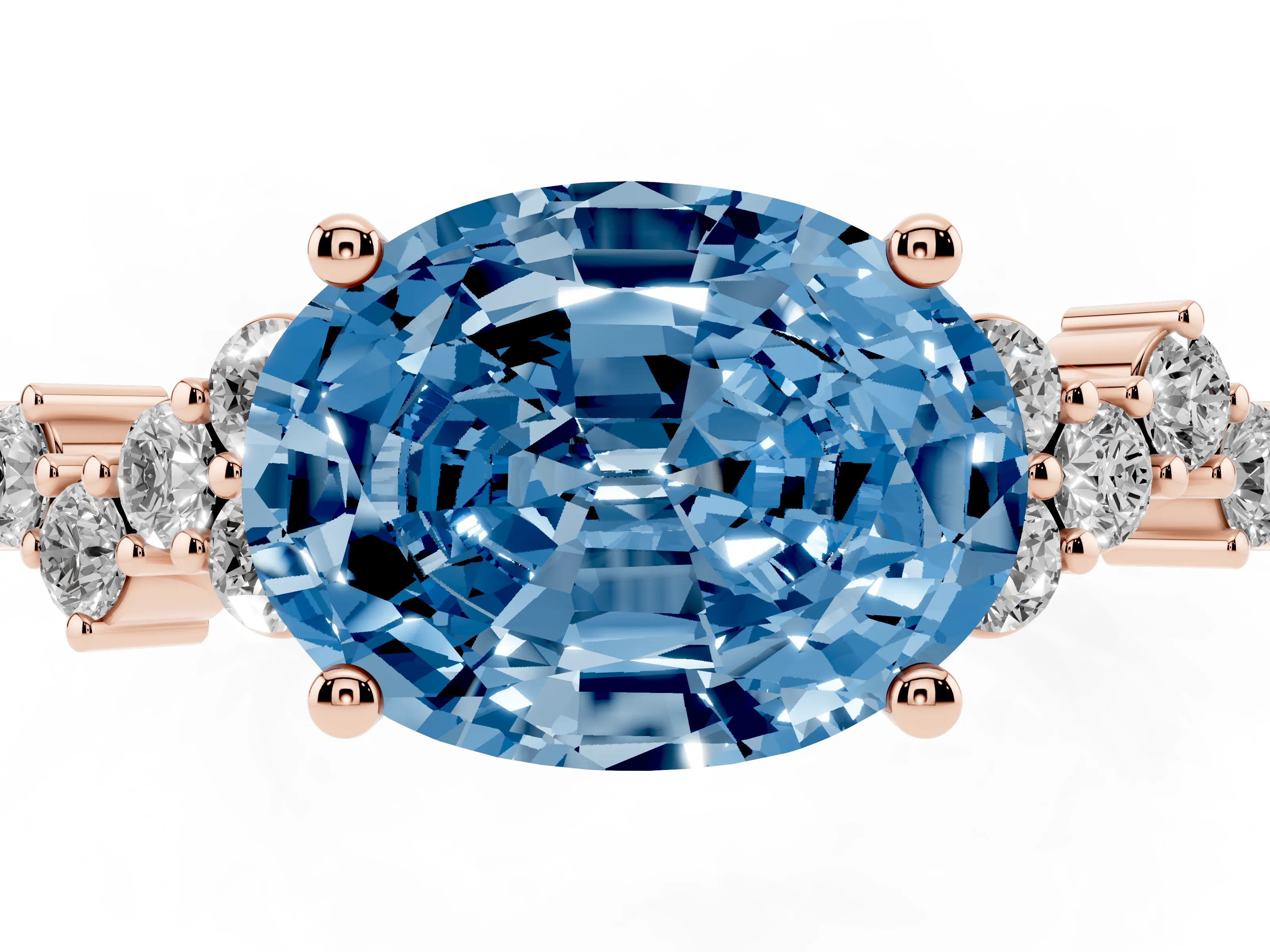 Fancy Blue Oval Cut Diamond Ring Set in Rose gold with Scattered Round Accents