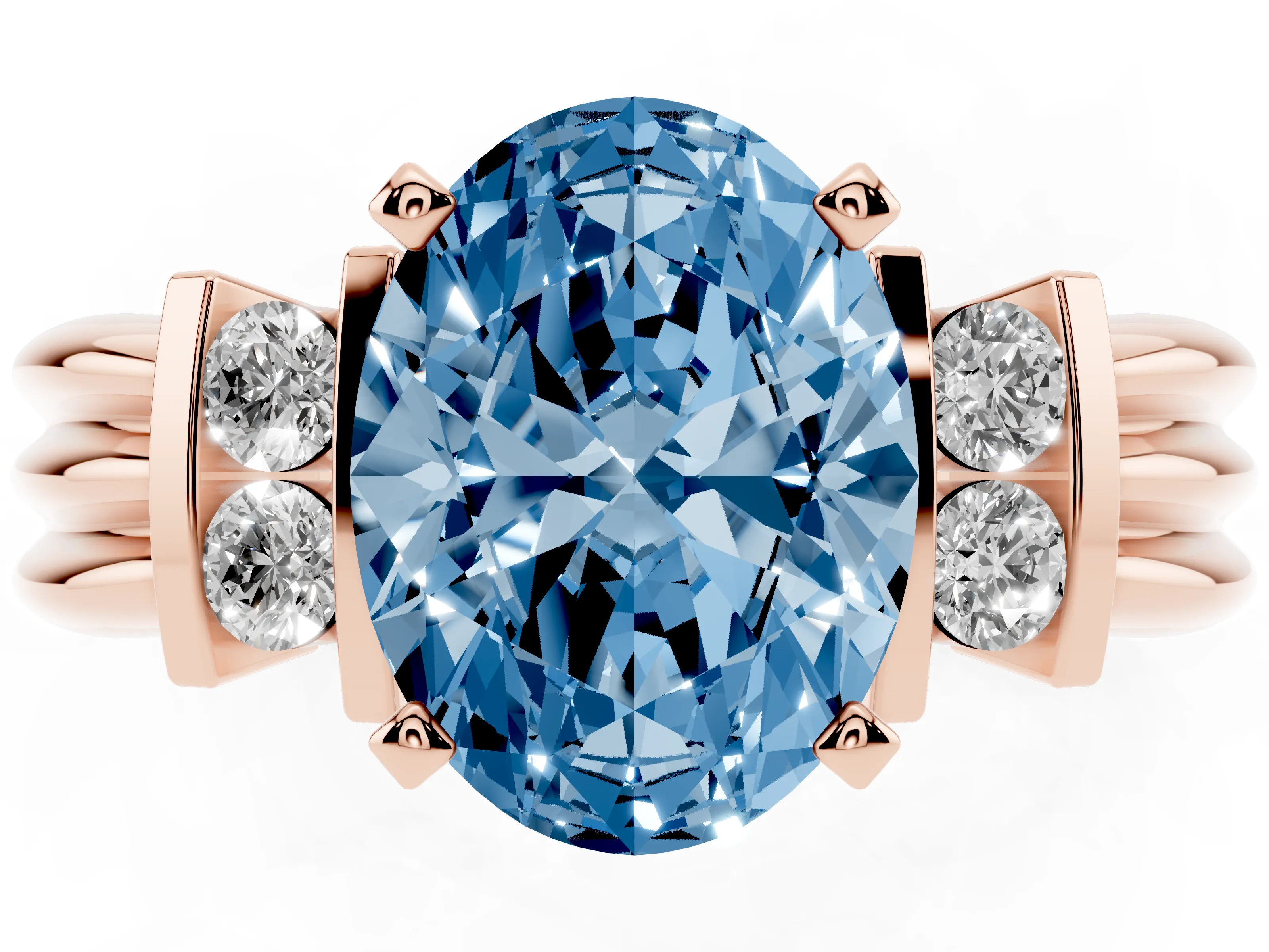 Fancy Blue Three-Stone Oval Cut Diamond Channel Set Ring Set in Rose gold with Bar Prongs
