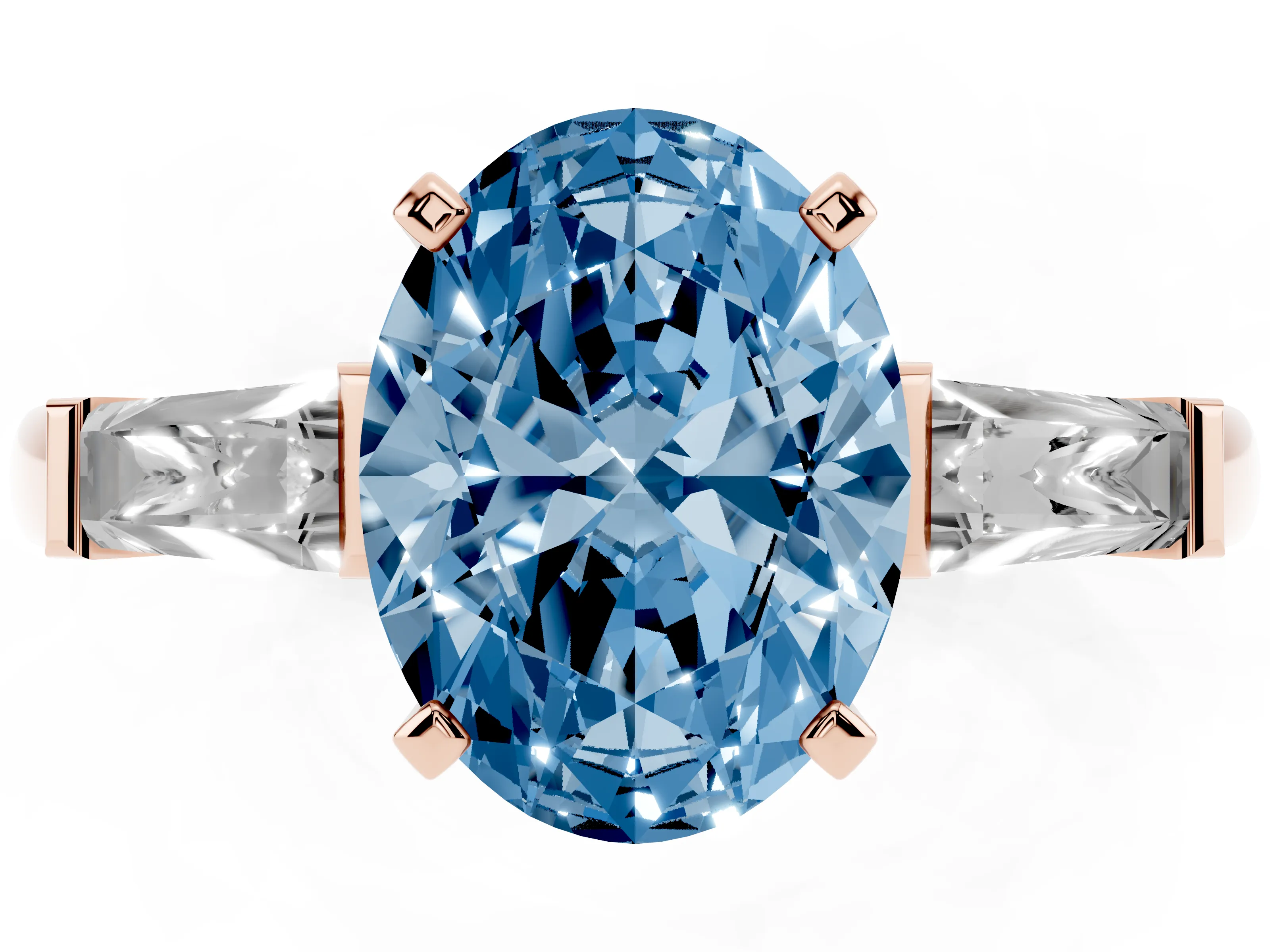 Fancy Blue Oval Cut Diamond Solitaire Ring Set in Rose gold with Tapered Baguette Side Stones and Prong Setting