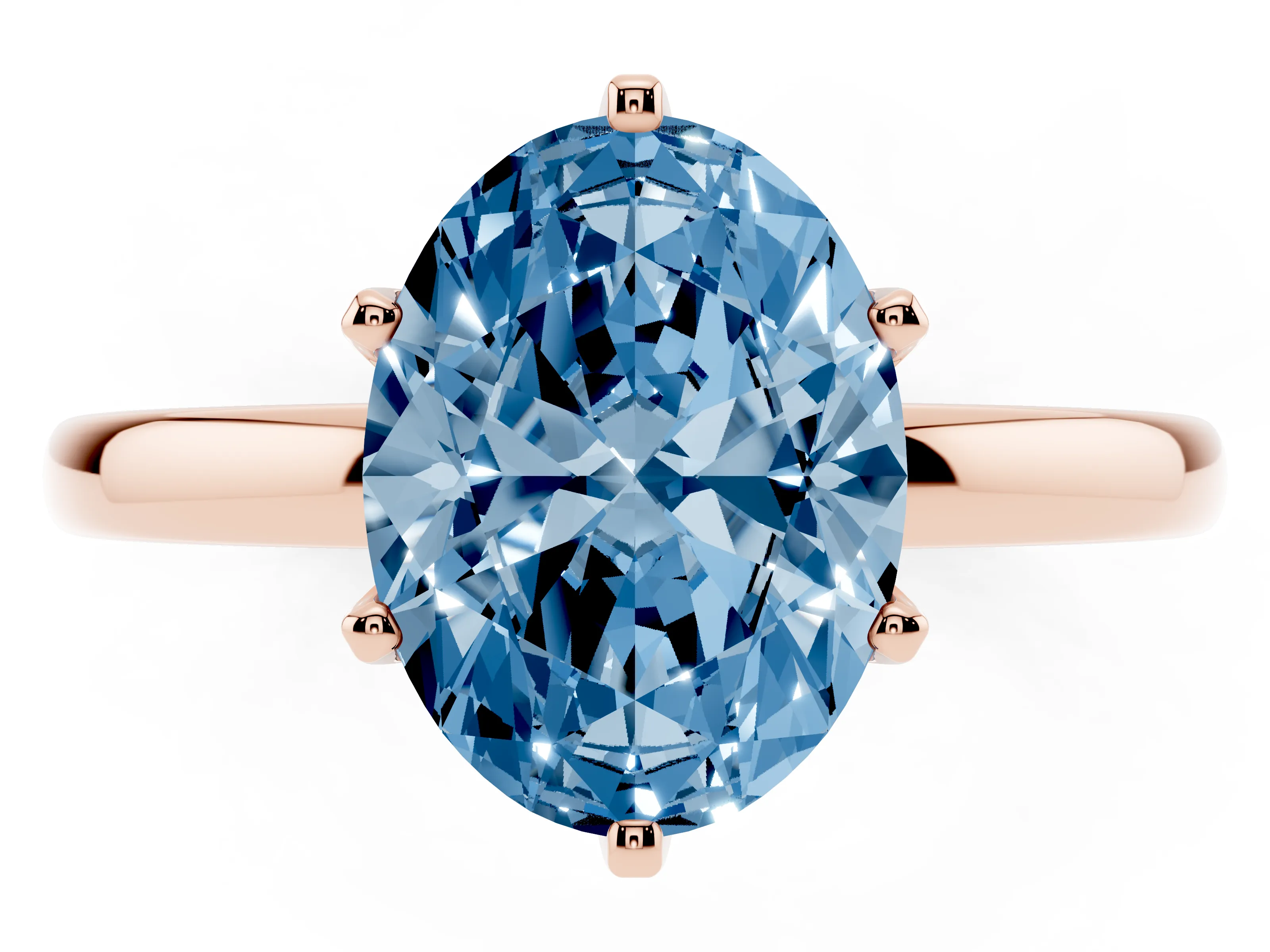 Fancy Blue Oval Cut Diamond Solitaire Ring Set in Rose gold with Raised Prong Setting on a Classic Band