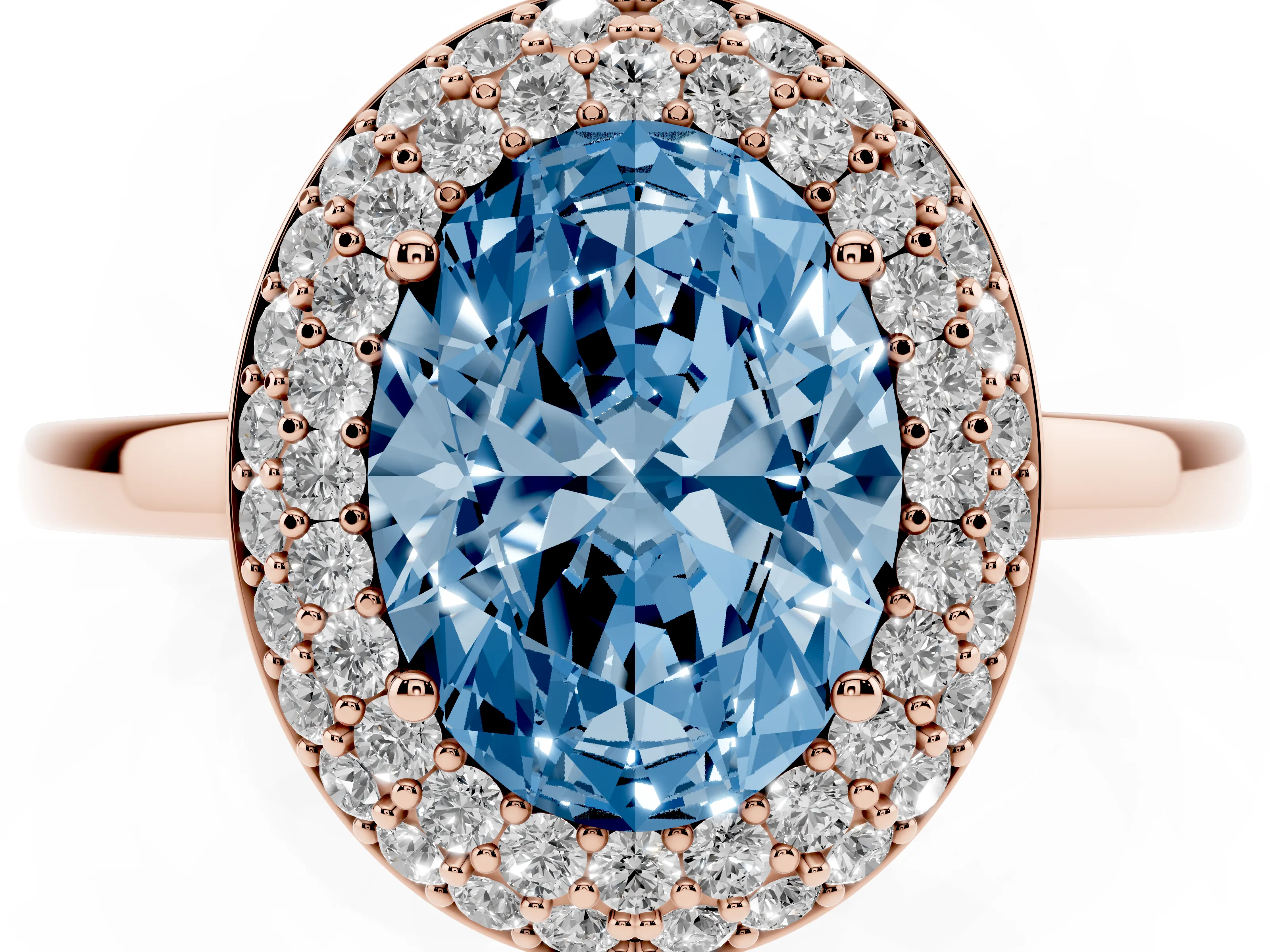 Fancy Blue Oval Cut Diamond Halo Engagement Ring Set in Rose gold with Solitaire Band and Prong Setting