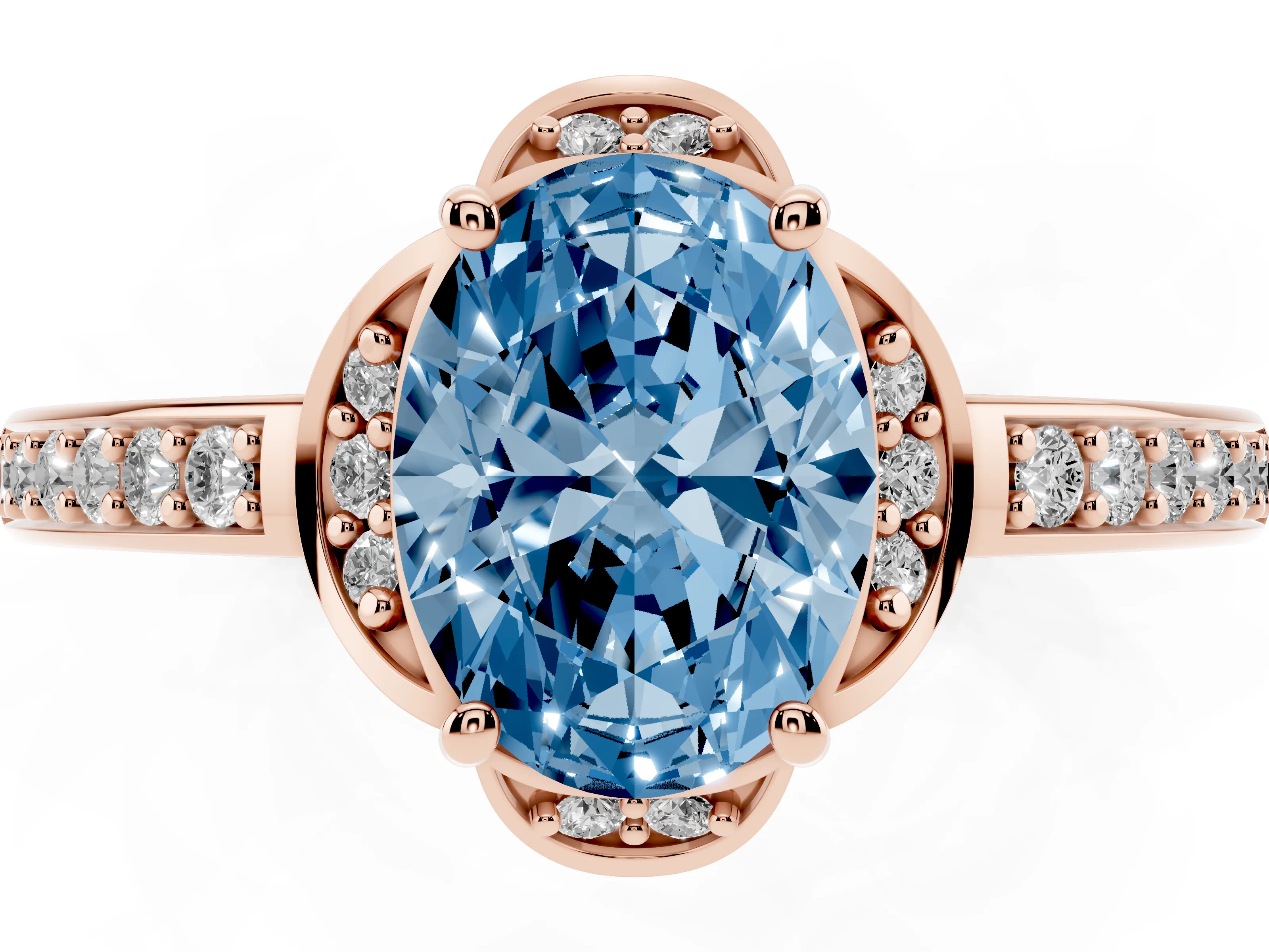 Fancy Blue Oval Cut Diamond Halo Ring Set in Rose gold with Channel Set Band and Prong Setting