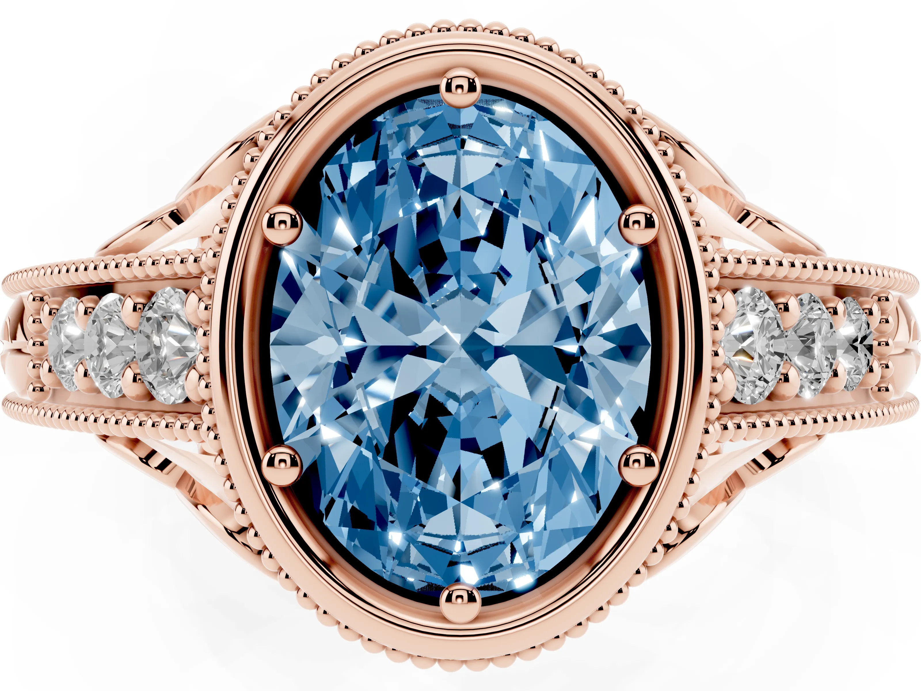 Fancy Blue Bezel Set Oval Cut Diamond Milgrain Pavé Engagement Ring Set in Rose gold