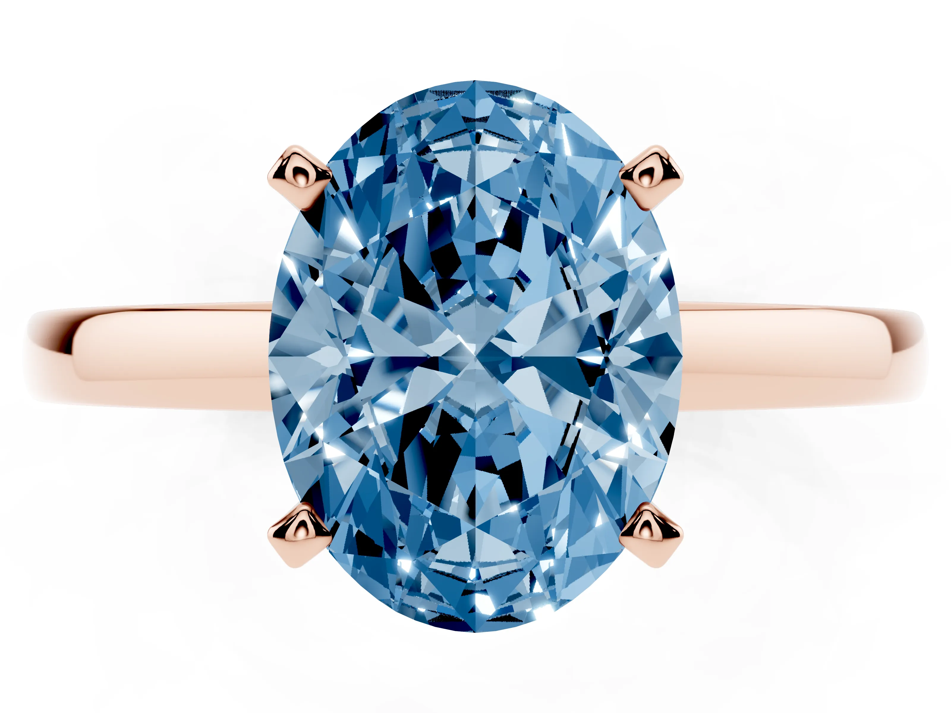 Fancy Blue Oval Cut Diamond Solitaire Engagement Ring Set in Rose gold with Prong Setting on a Classic Band