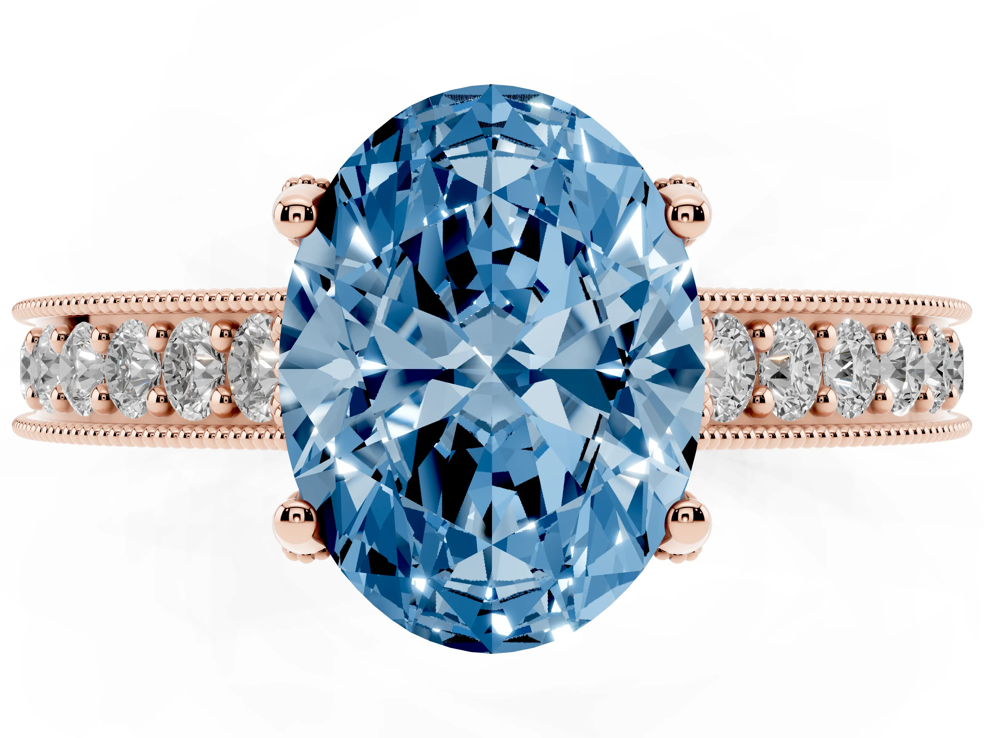 Fancy Blue Oval Cut Diamond Solitaire Ring Set in Rose gold with Milgrain-Edged Pavé Band and Prong Setting